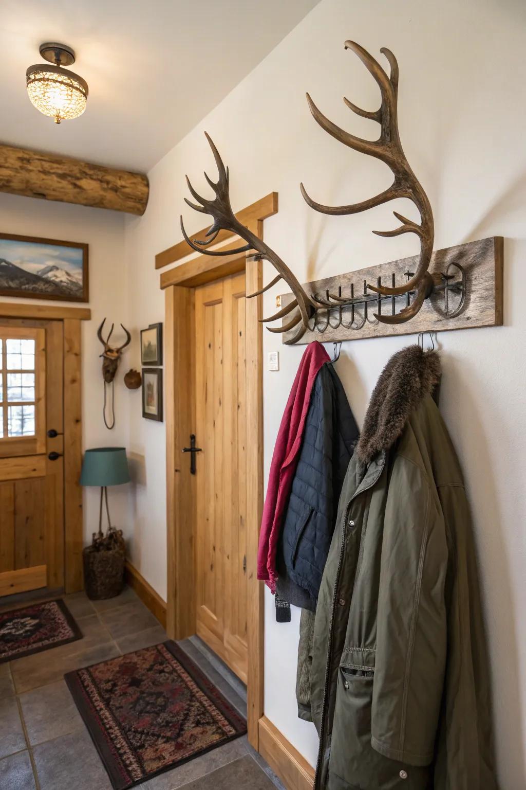 Greet guests with a rustic deer antler coatrack.