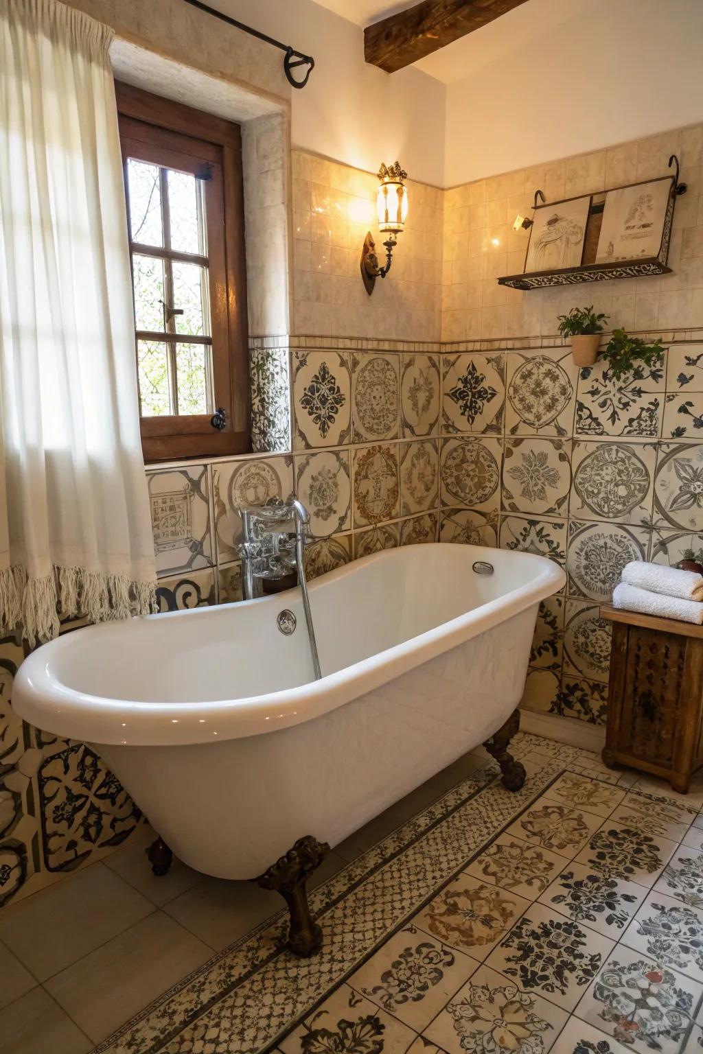 A charming bathroom with a clawfoot tub and beautifully vintage tiles.