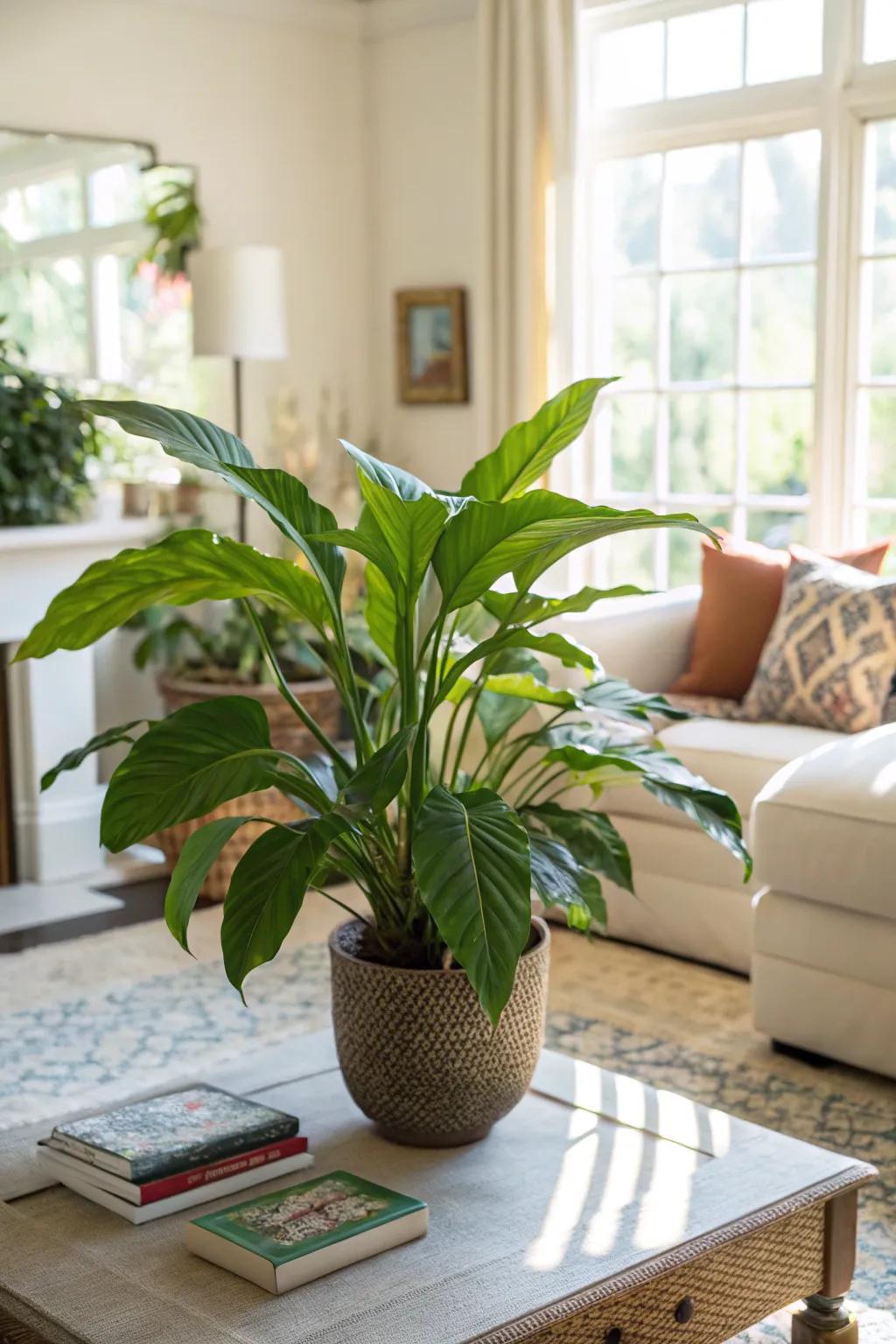Lush greenery acts as a refreshing focal point in the living room.