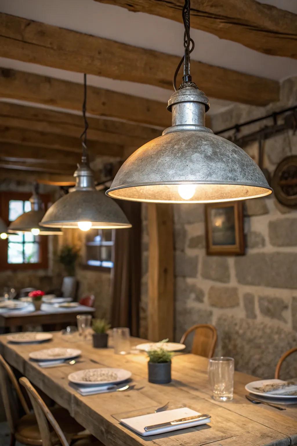 Galvanized metal pendants combine industrial with rustic.