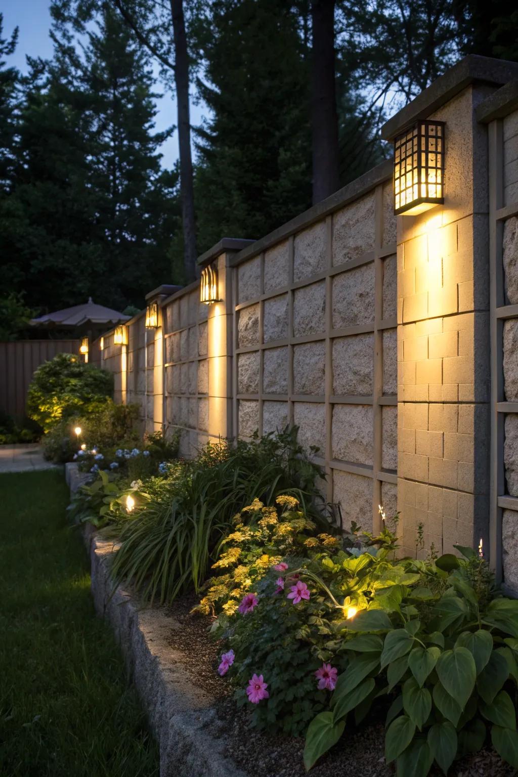 Illuminated panels add drama and ambiance at night.