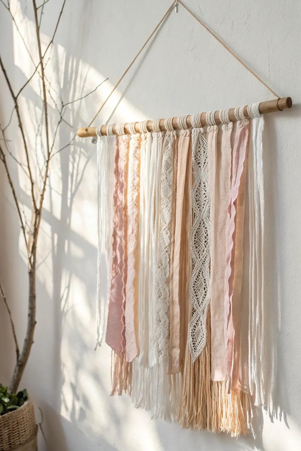 Transform your space with a handmade touch: a soft, textured fabric wall hanging.