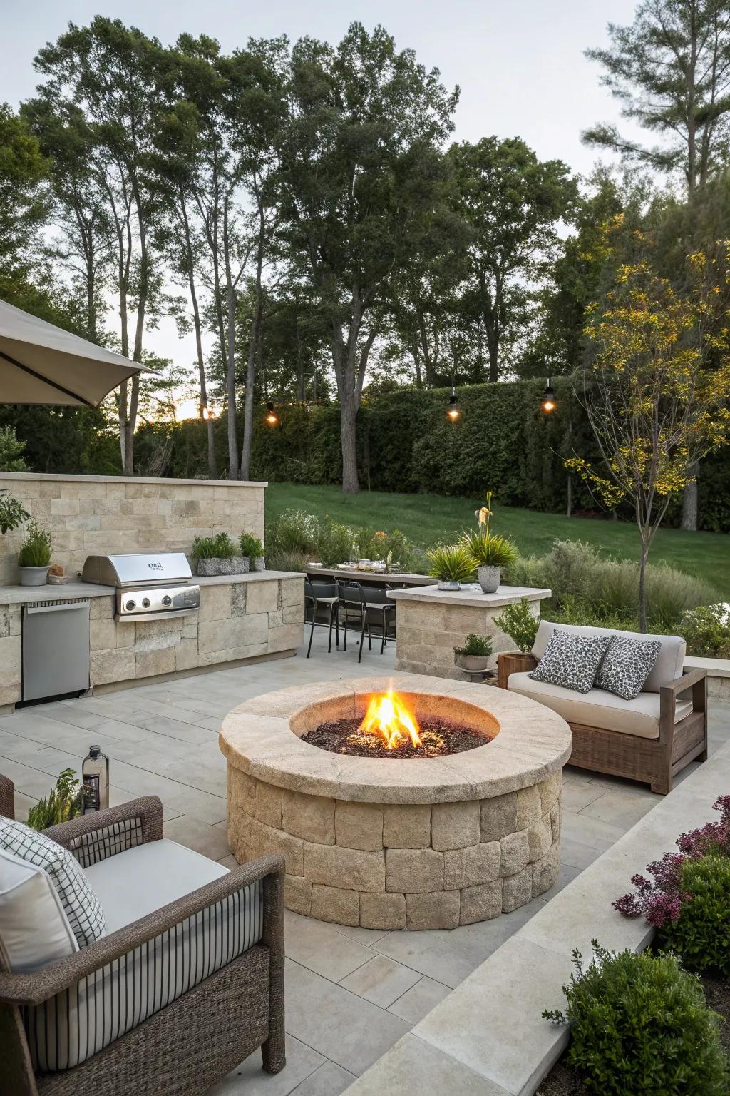 A firepit serves as the heart of this off-grid kitchen, ideal for cooking and warmth.