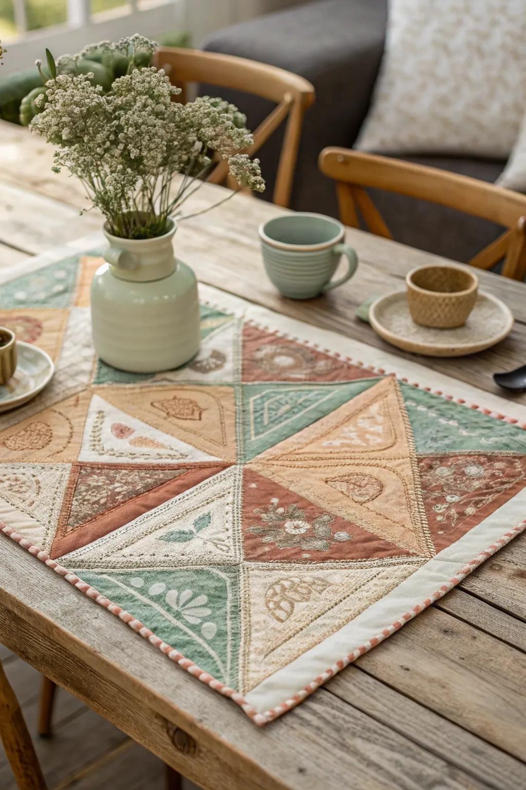 Transform your dining experience with a touch of artisanal elegance: a bandana quilt table topper that whispers of simplicity and style.