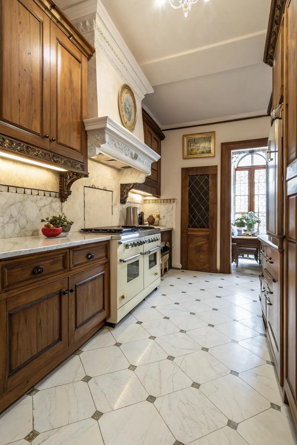 A vintage kitchen featuring the classic elegance of Bianco Carrara marble floors.