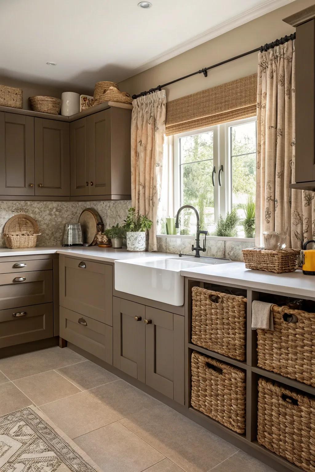 Woven textiles add coziness to a beige kitchen.