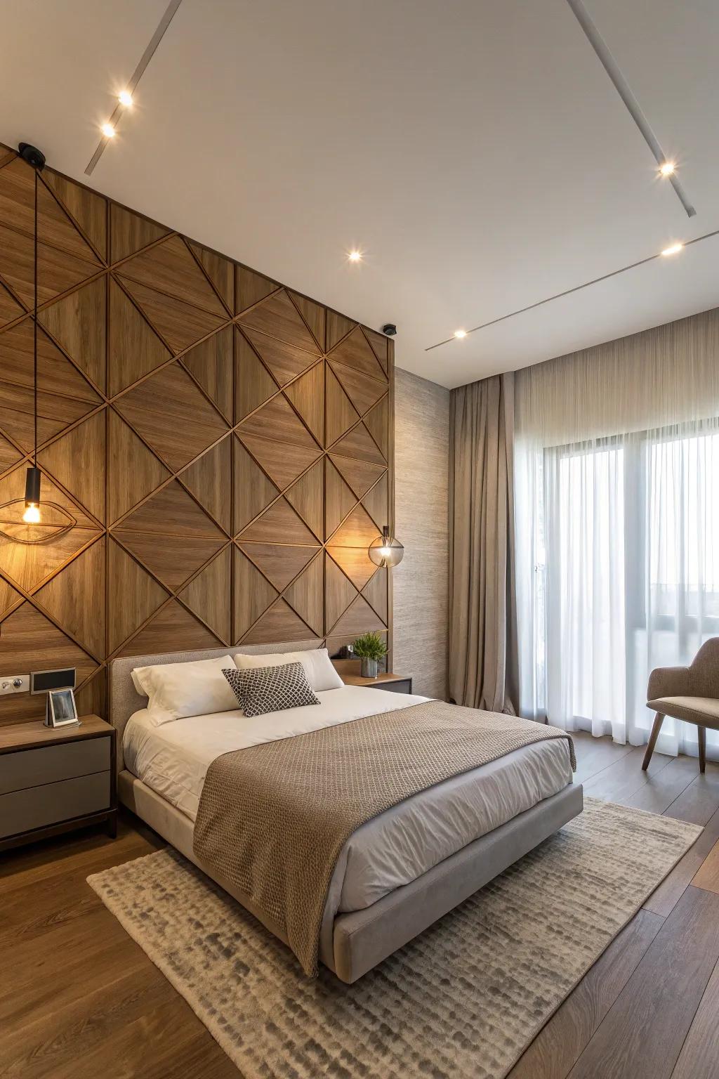 A geometric wood panel accent wall adds a contemporary touch to this bedroom.