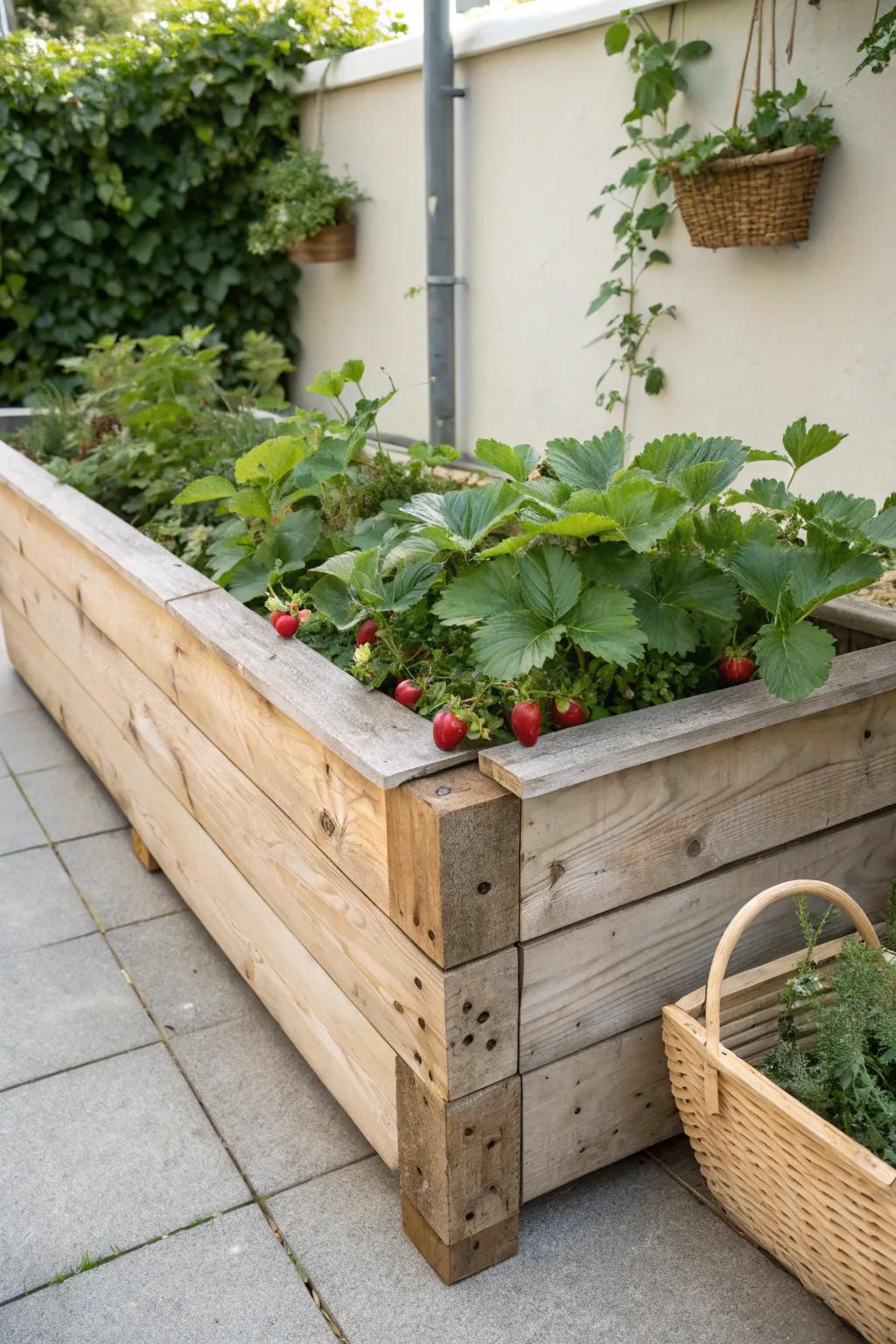 Embrace simplicity and charm with a wooden raised bed for your garden strawberries. ð⨠#GardenGoals #ScandiBoho