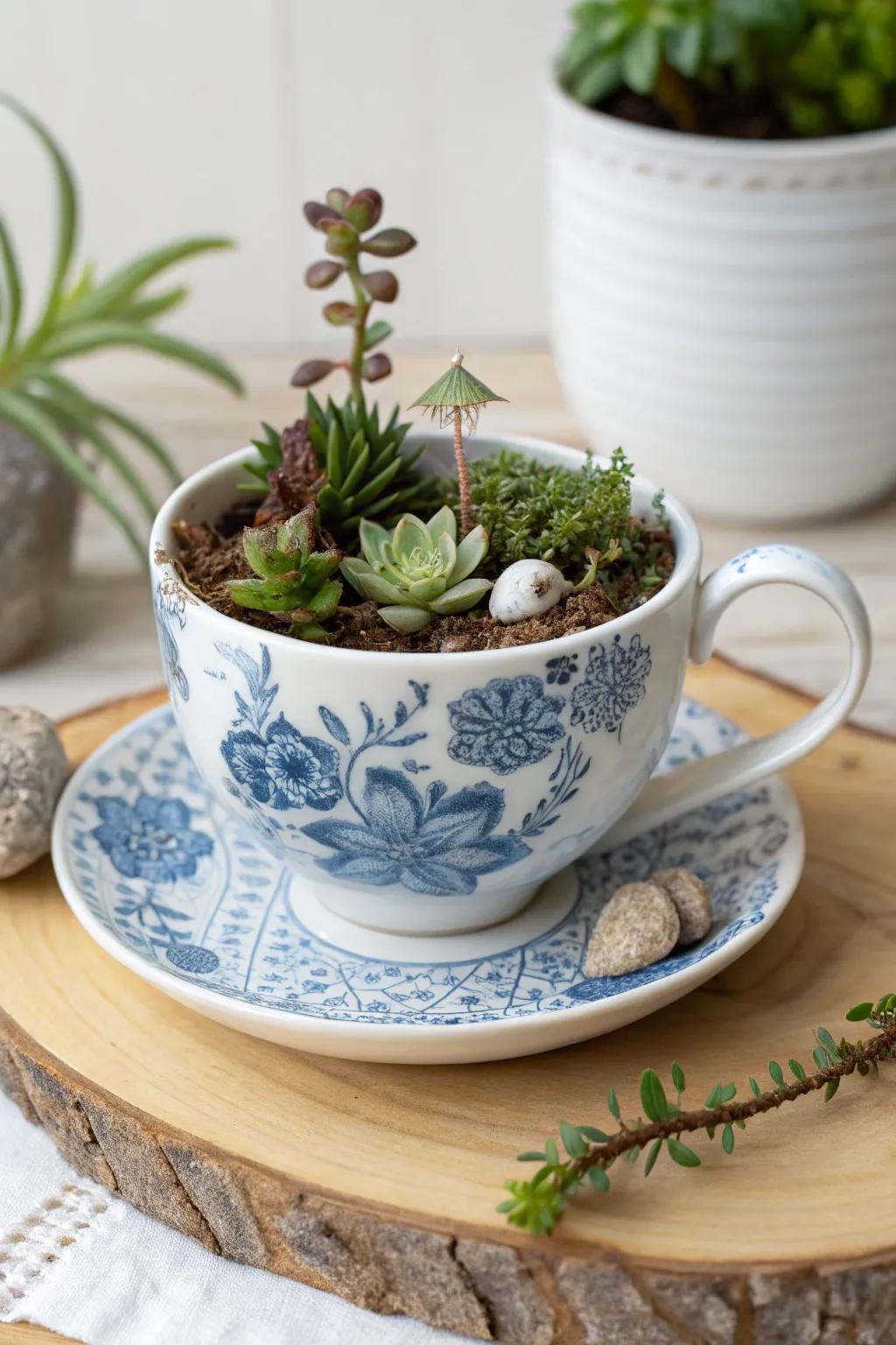 Discover the magic of a miniature world with this enchanting teacup fairy garden.