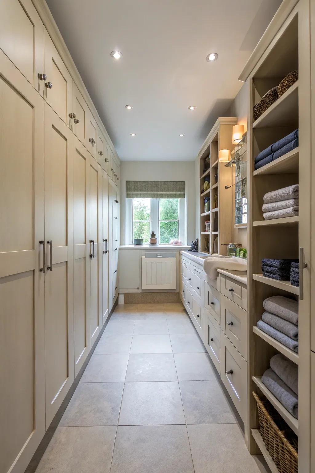Vertical storage keeps a long bathroom organized and spacious.