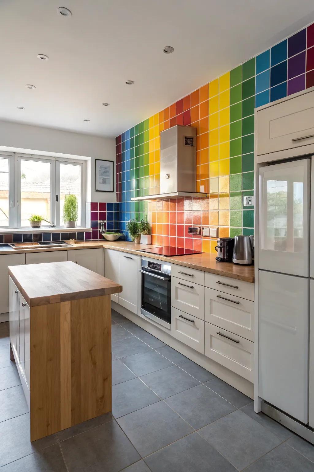 A rainbow backsplash adds a playful twist to the kitchen.