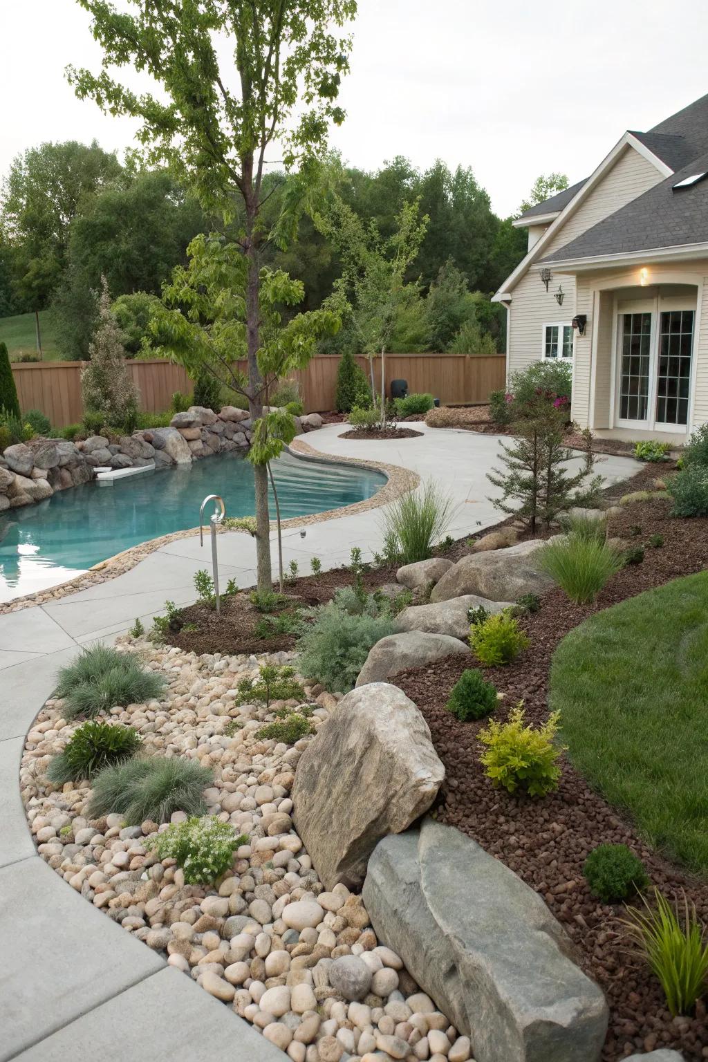 A rock garden adds a touch of zen and low-maintenance beauty to this pool.