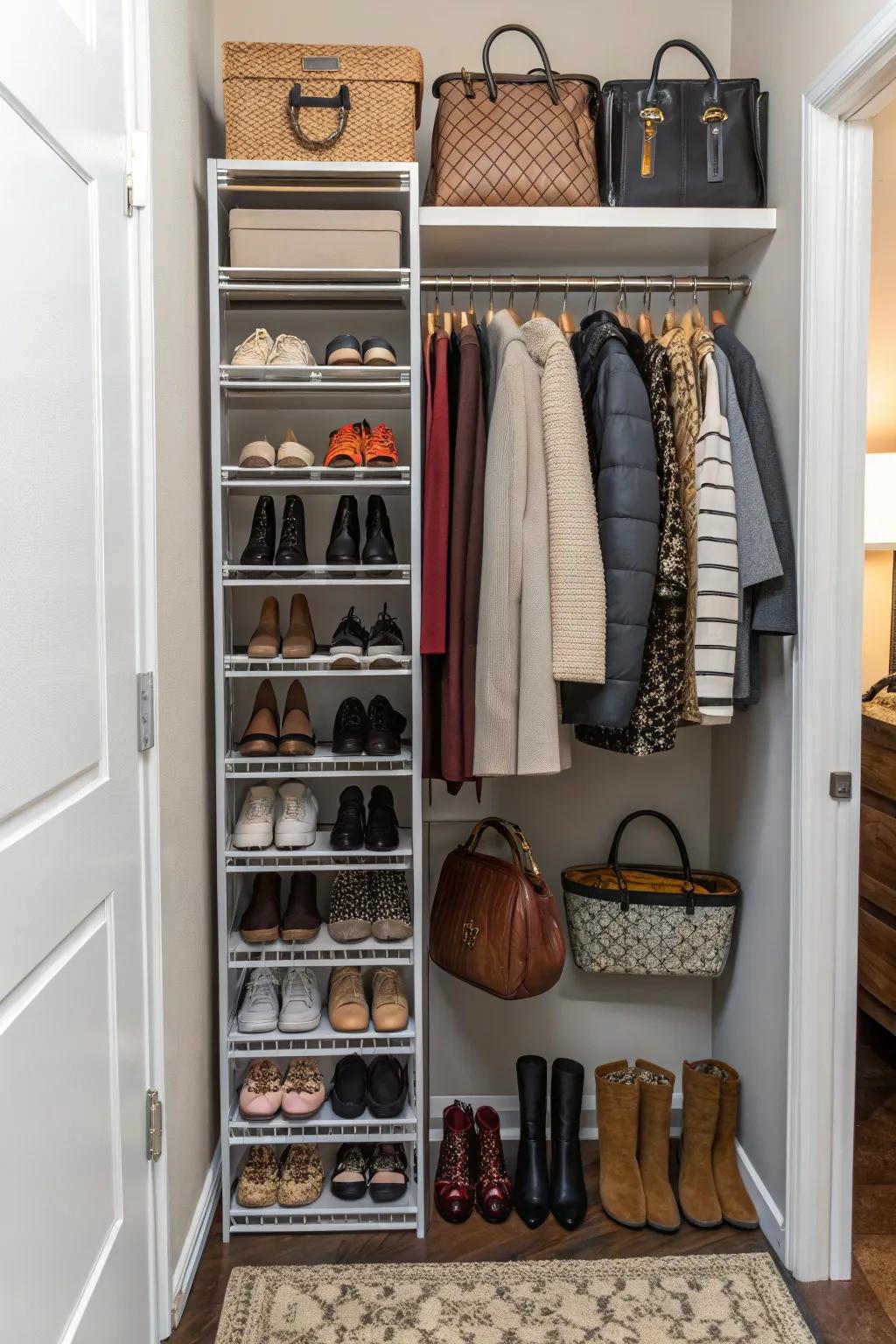 Tiered racks optimize vertical storage in your closet.