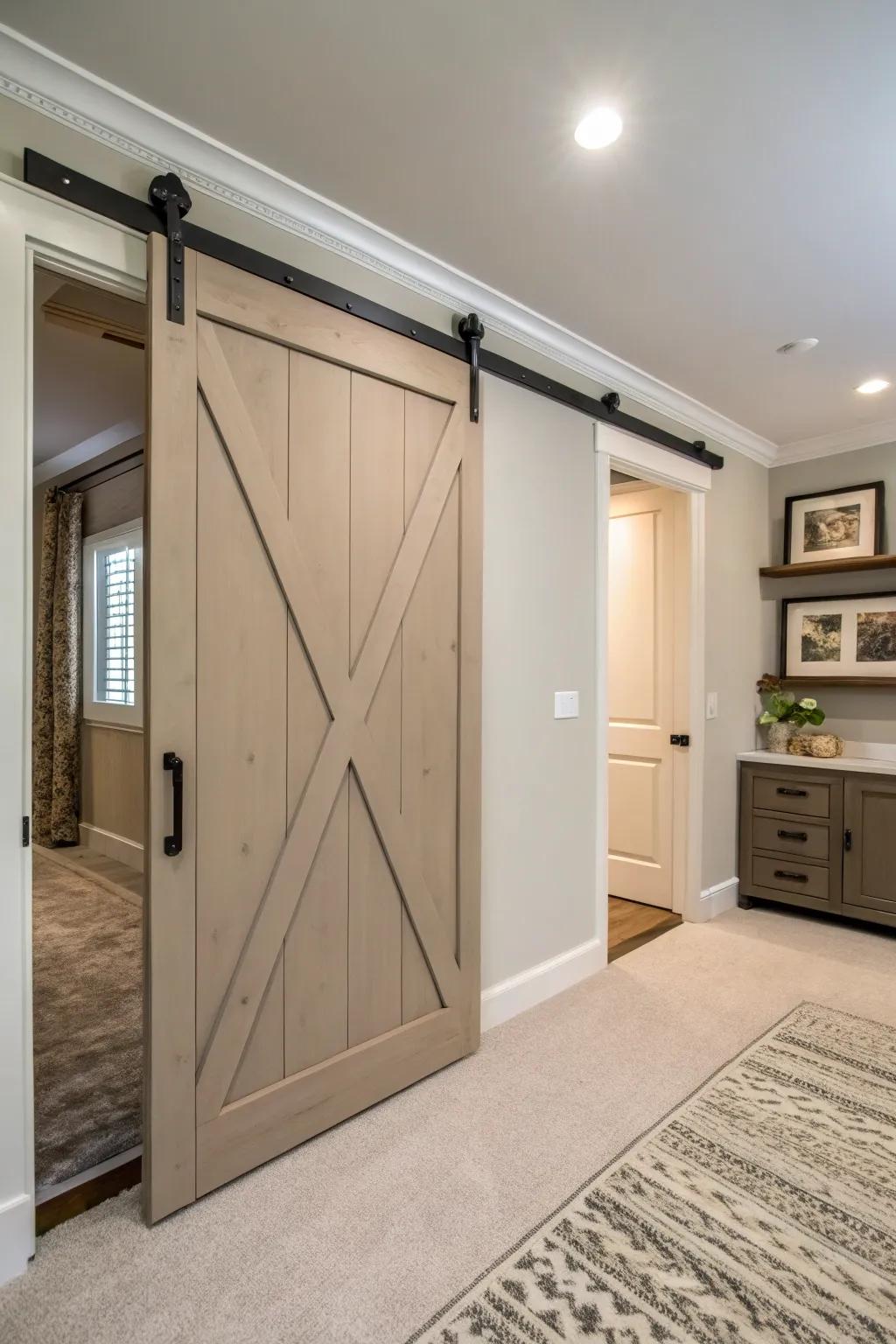 Taupe barn doors offer understated elegance.