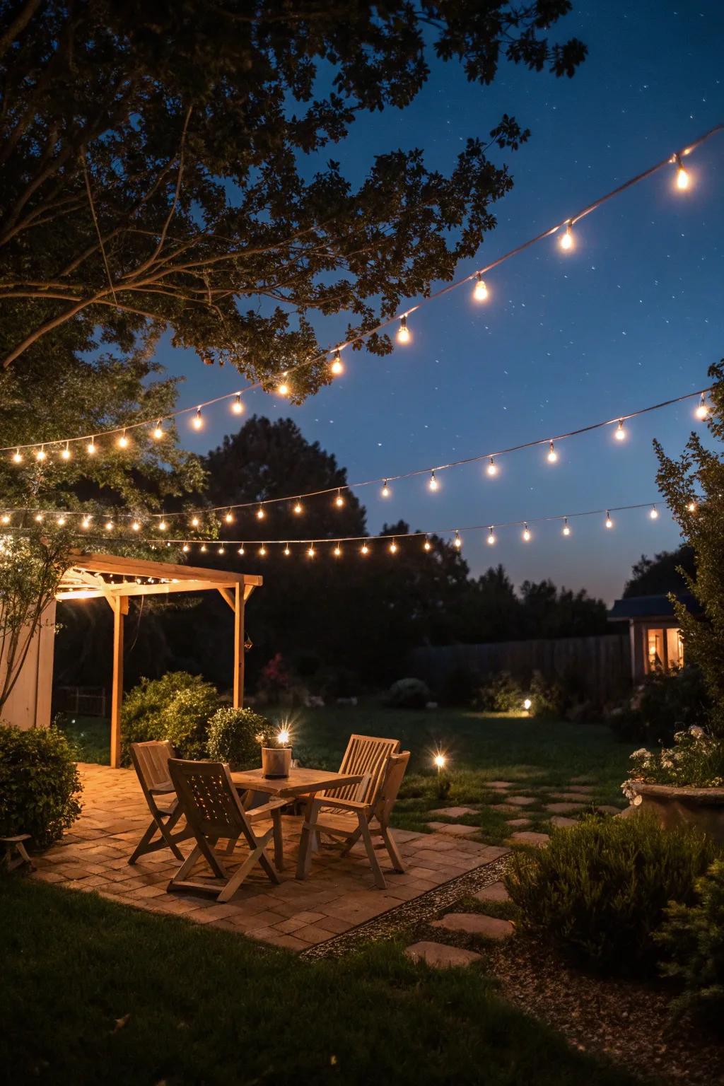 A cozy backyard illuminated by a canopy of string lights, setting the stage for a proposal.