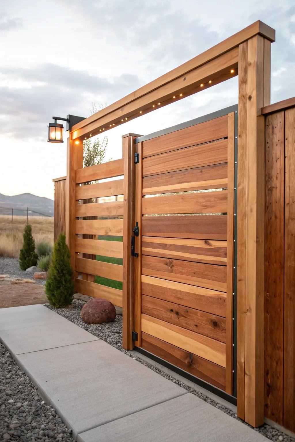 Elevate your outdoor space with a sleek horizontal plank cedar gate, where modern design meets timeless craftsmanship.
