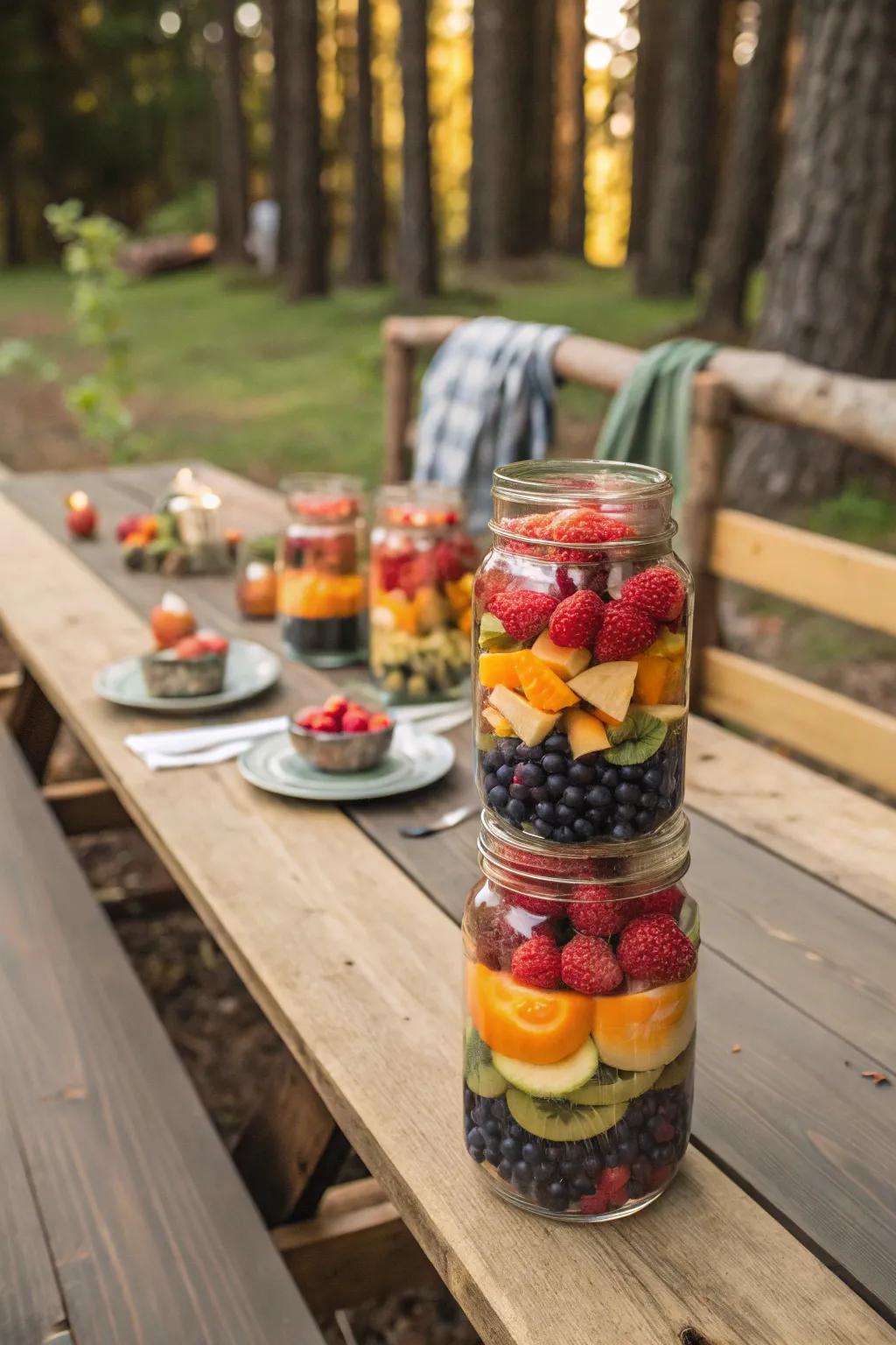 Fruit-filled mason jars creating vibrant and cheerful centerpieces.