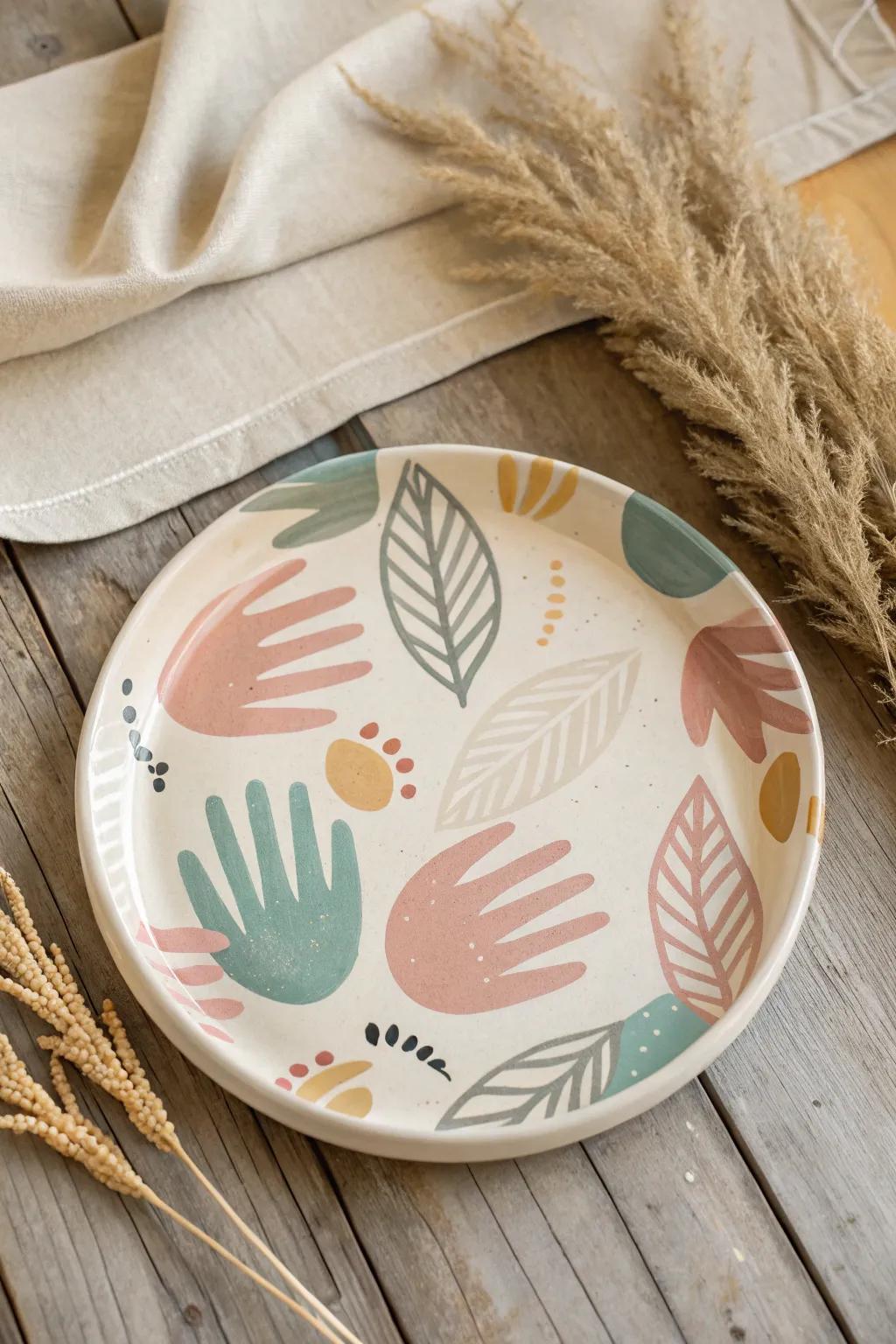 Embrace the art of the handmade with this abstract handprint plate, where creativity knows no boundaries.