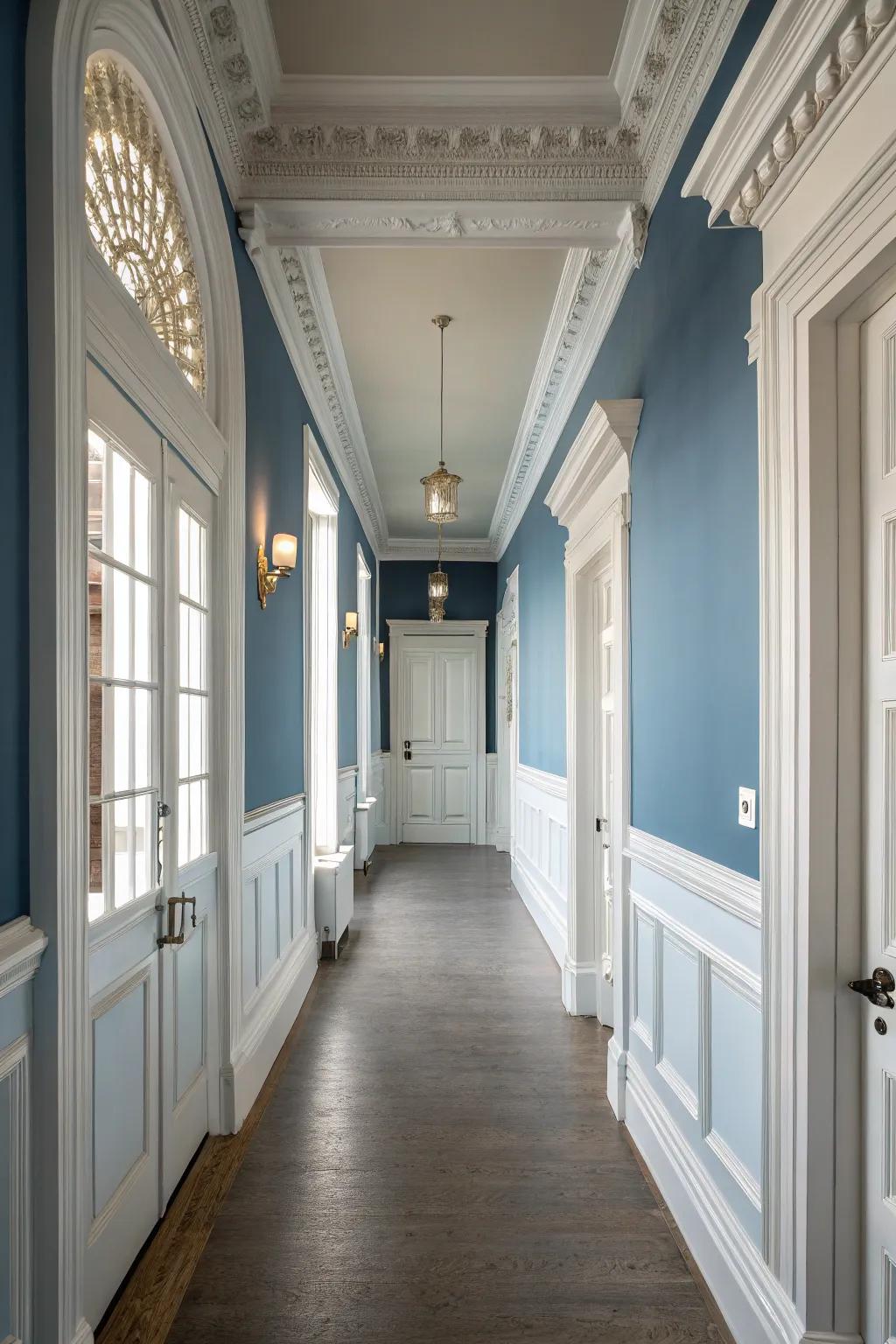 Traditional blue and white woodwork create a classic look.