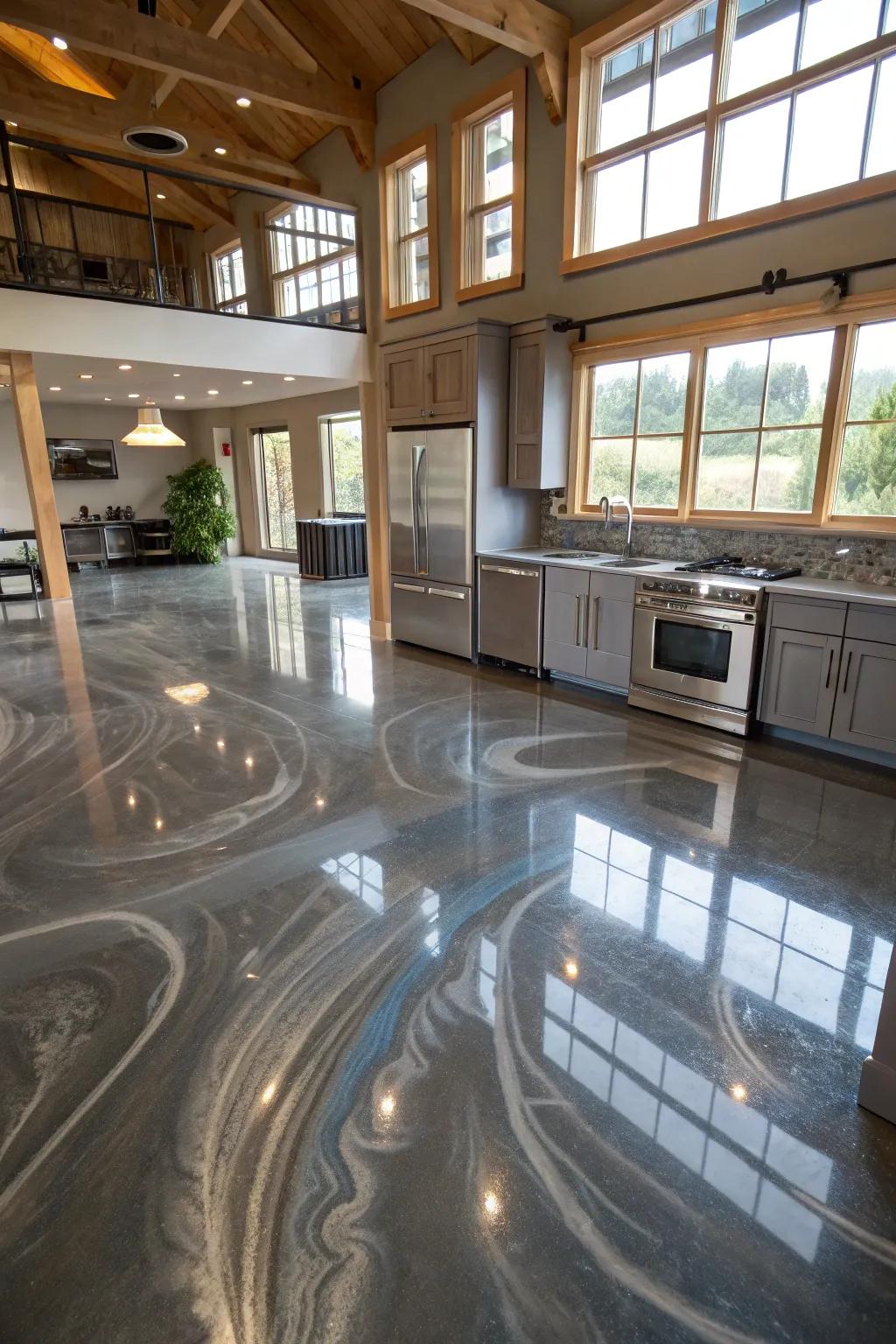 A stylish open-concept kitchen with a metallic swirl epoxy floor.