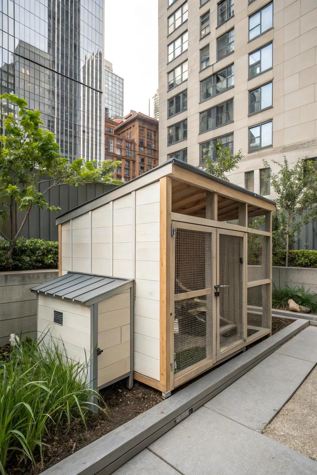 Elevate your urban backyard with a sleek, modern minimalist chicken coop that marries style with functionality.