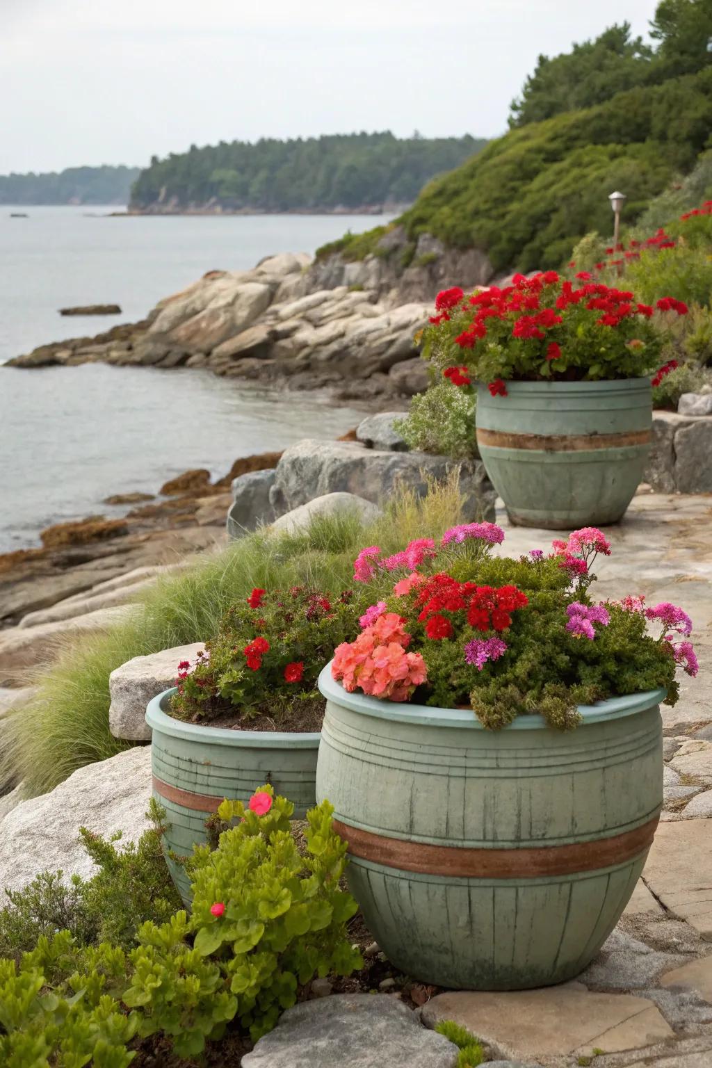 Colorful containers transform a rocky shoreline with vibrant plant life.