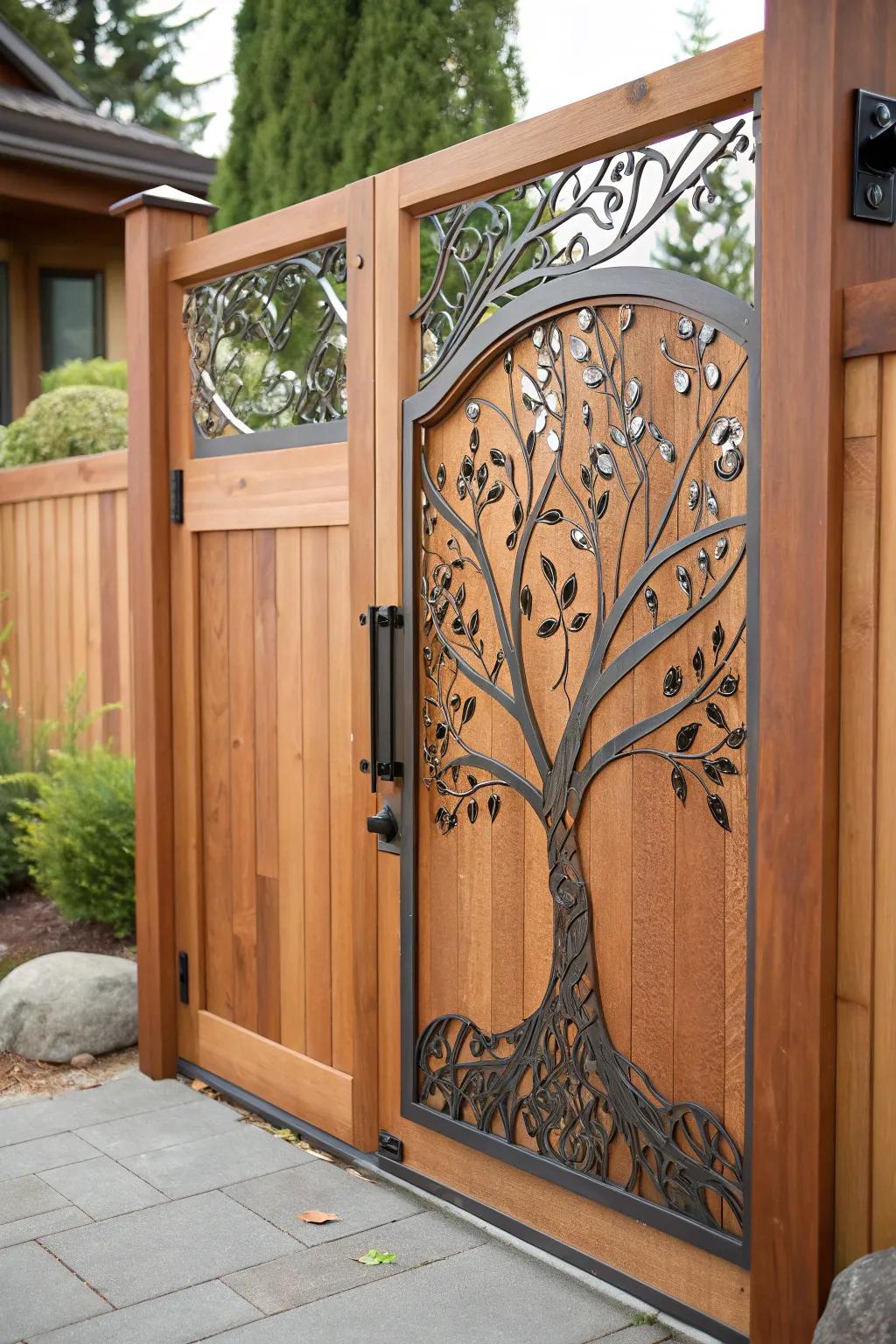 Elevate your entrance with a cedar gate featuring exquisite metalwork artistry.