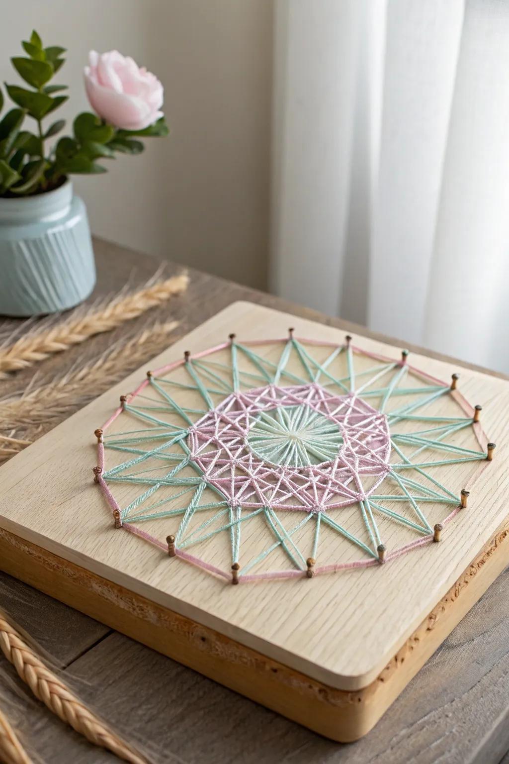 Add a personal touch to your space with this stunning string art masterpiece. Perfect for a cozy, minimalist room!