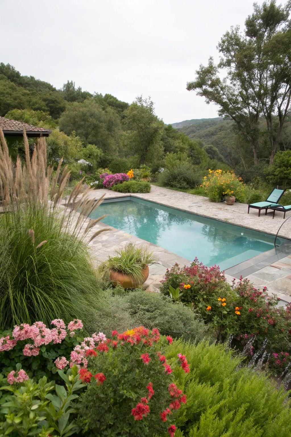 Lush greenery adds vibrancy and life to this pool surround.