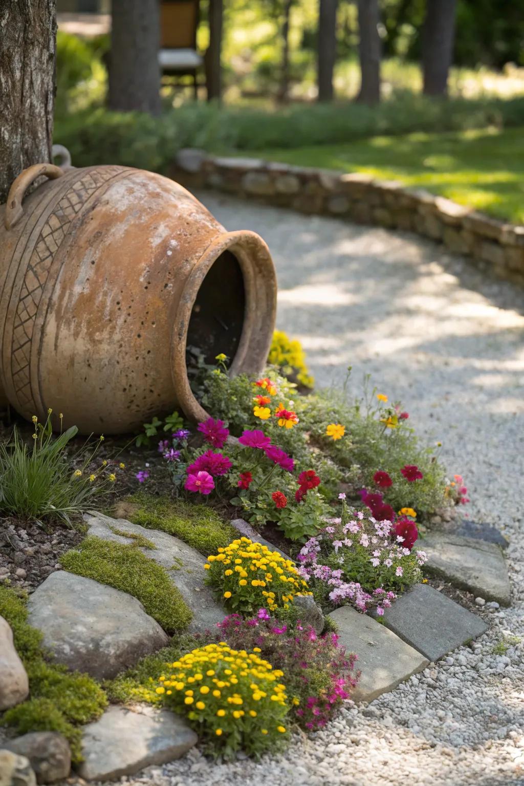Embrace garden whimsy with a tipped clay pot spilling vibrant blooms, a perfect blend of minimalism and boho charm.