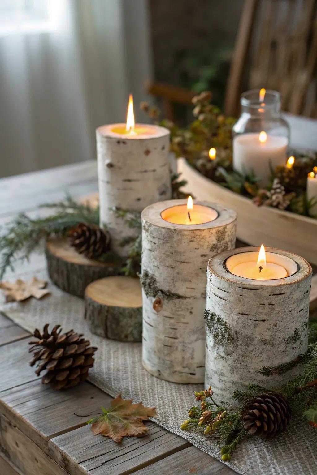 Birch log candle holders add rustic elegance.