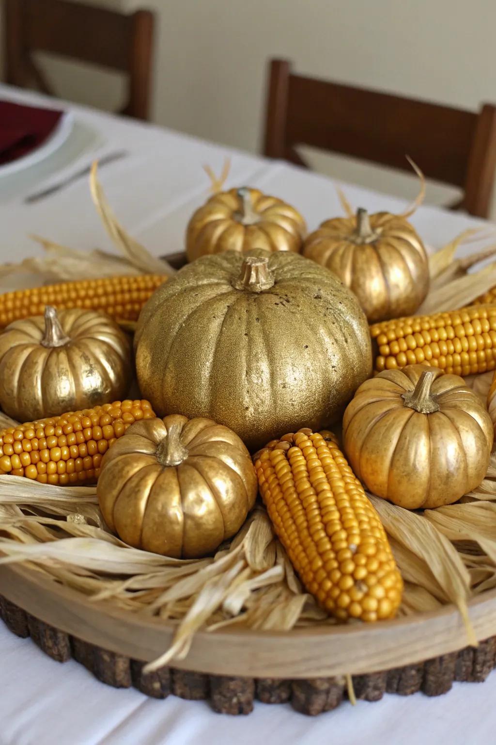 An autumnal centerpiece with gold-painted harvest elements.