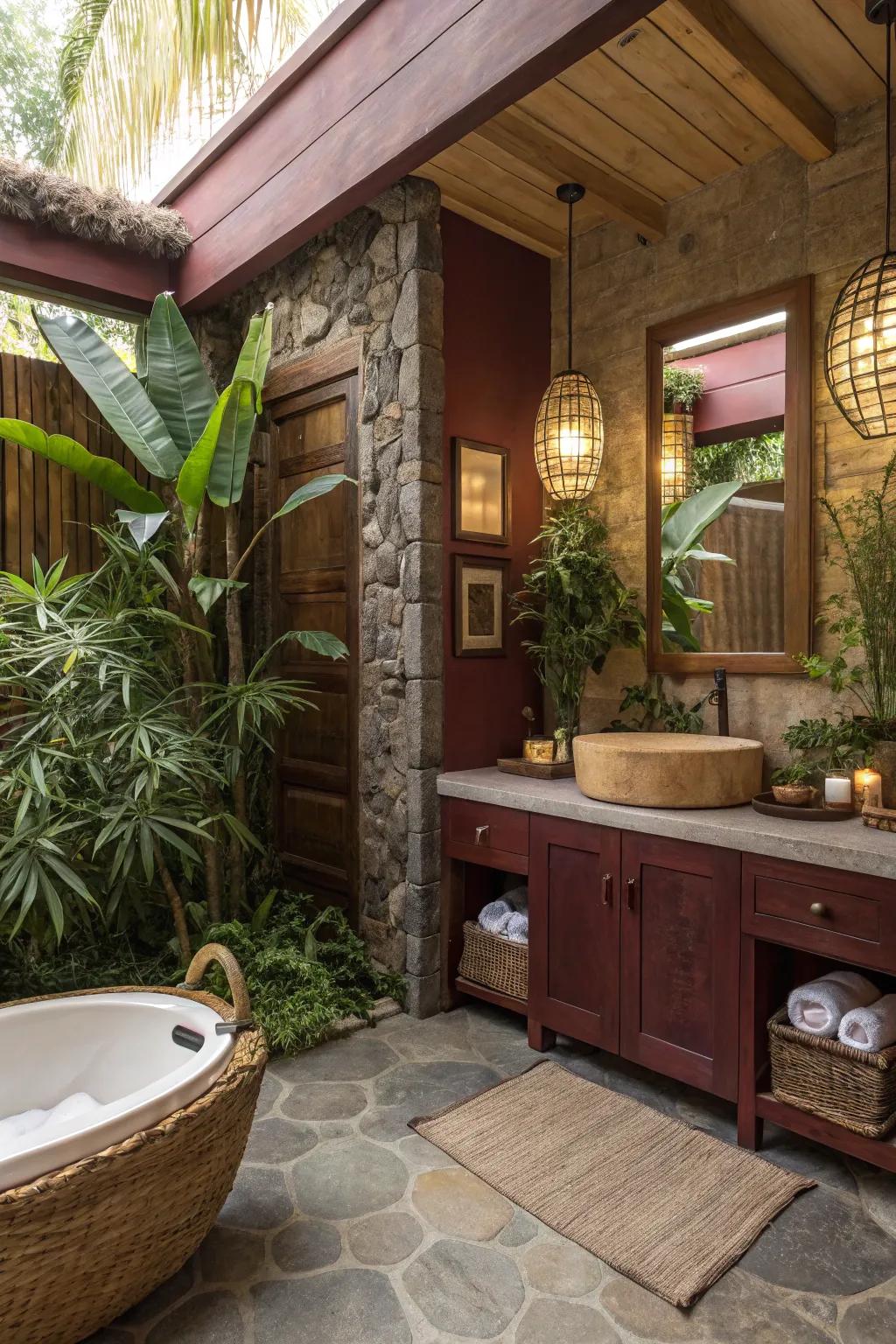 Earthy tones complement maroon, creating a cozy and harmonious space.