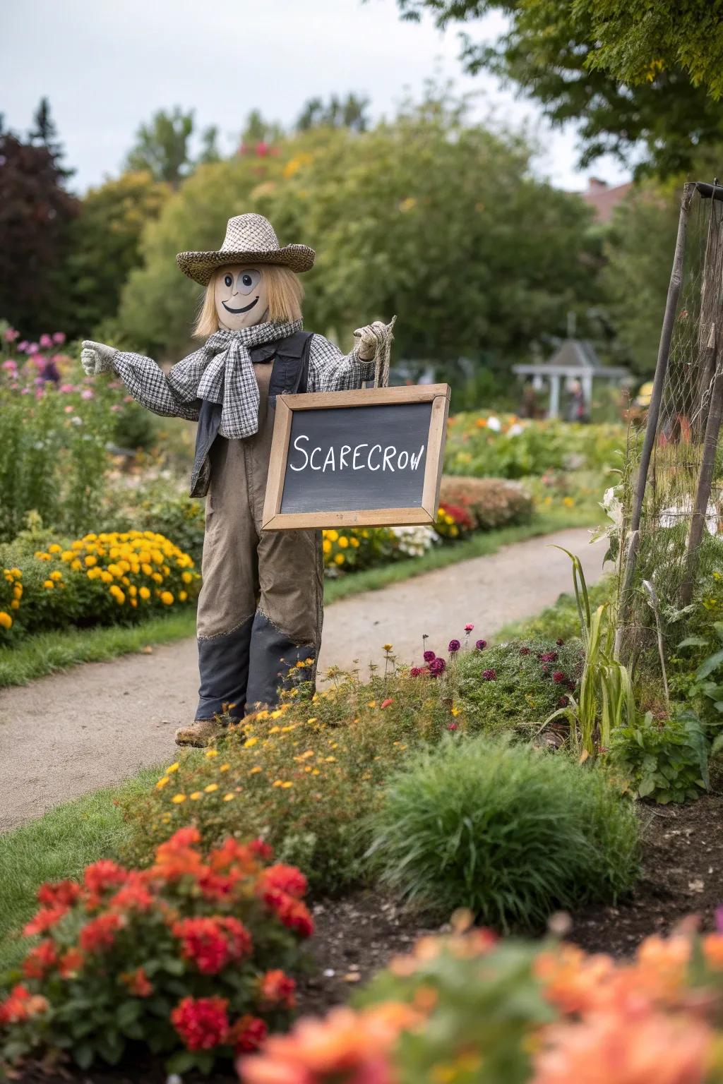 A chalkboard head lets your scarecrow share seasonal greetings.