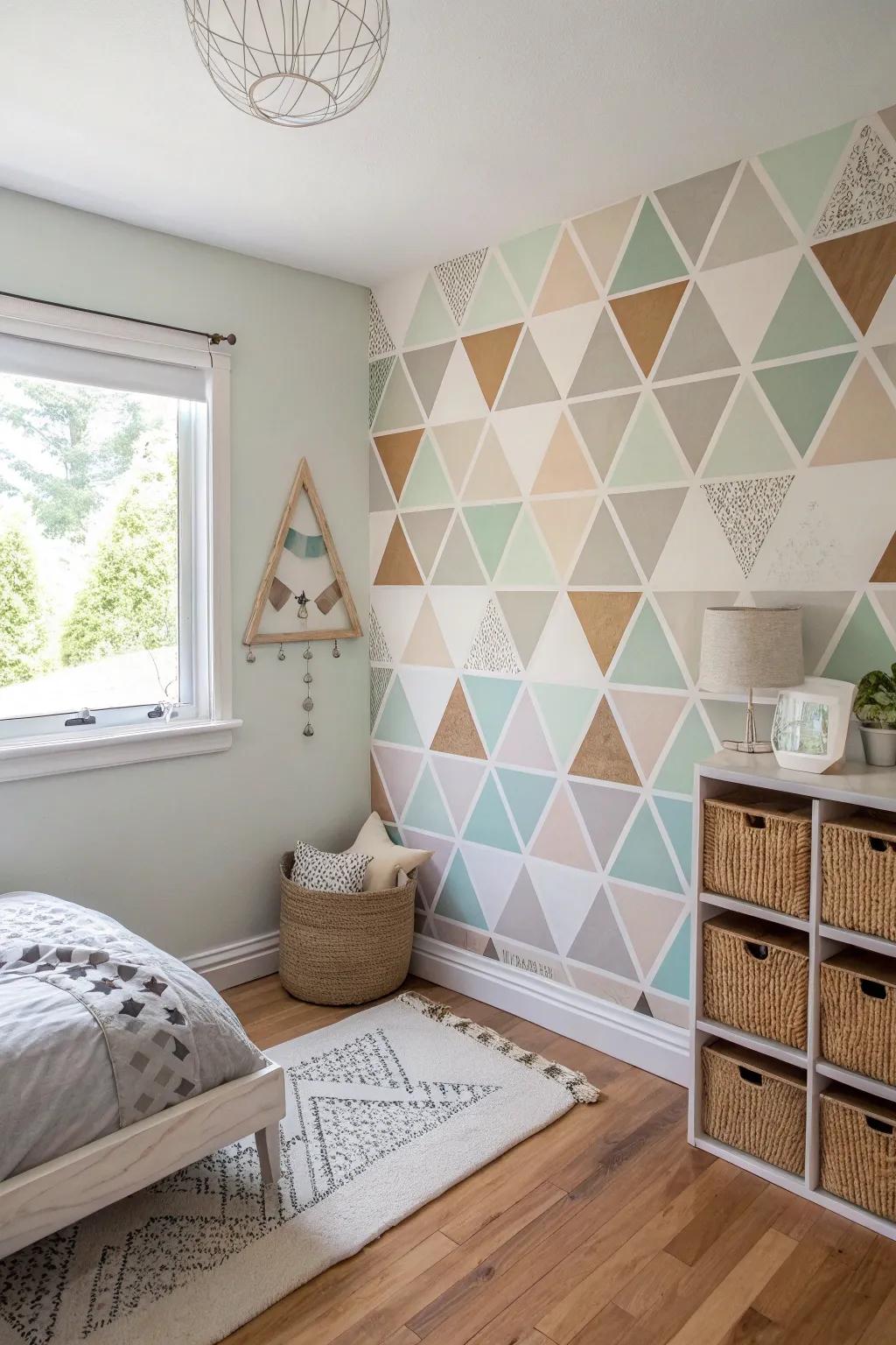 Transform your small space with a stunning geometric accent wall, where Scandinavian minimalism meets boho charm.