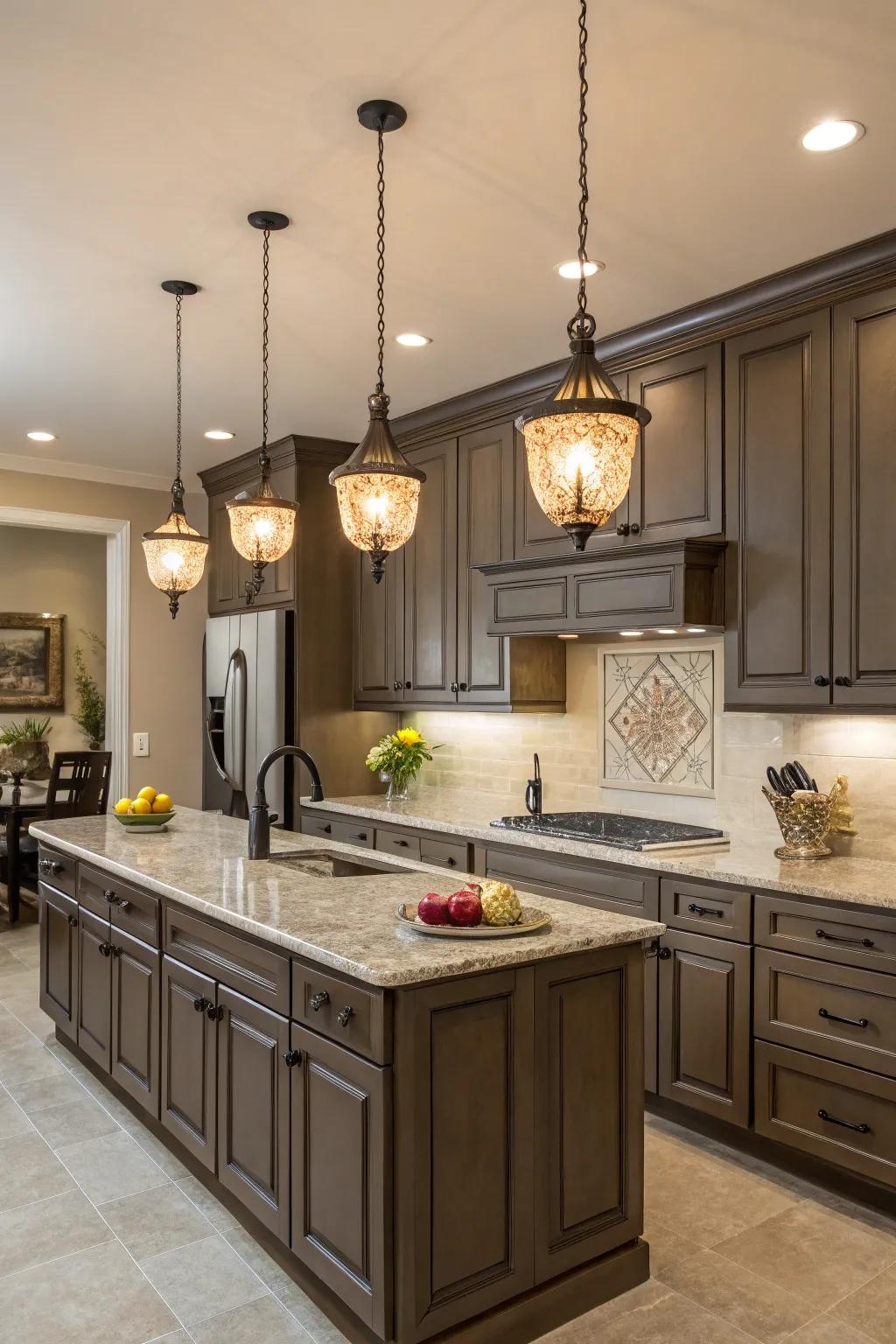 Artful lighting enhances the beauty of beige kitchens.