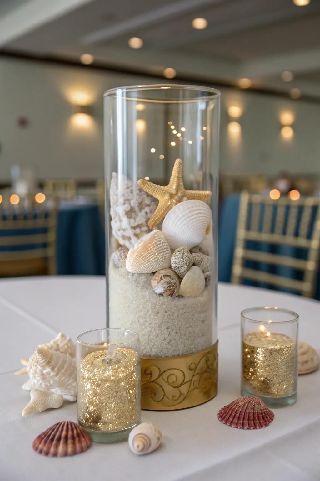 A seaside-inspired centerpiece with seashells and sand.