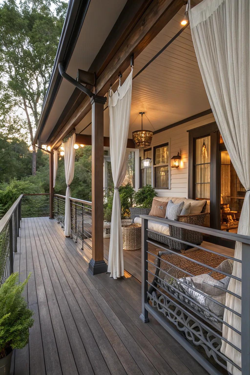Layered textures creating an eclectic vibe on a large front porch.