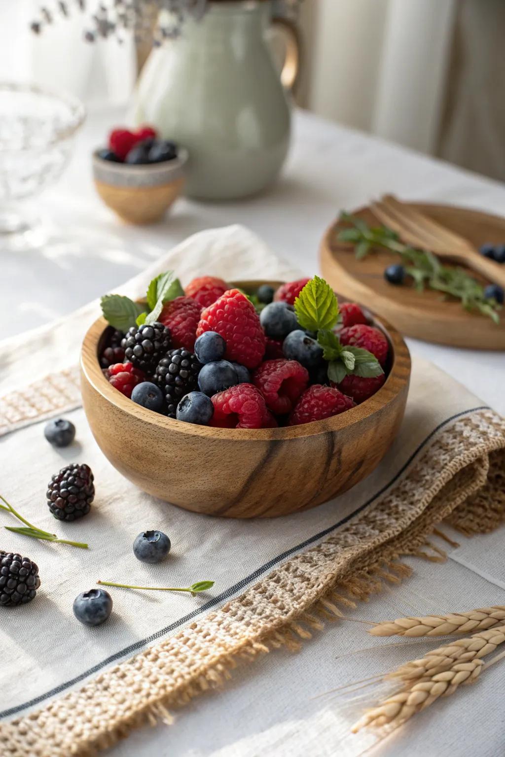 Nature's Sweet Touch: Enchant your table with a minimalist berry centerpiece that brings a pop of color and a touch of magic to any setting.