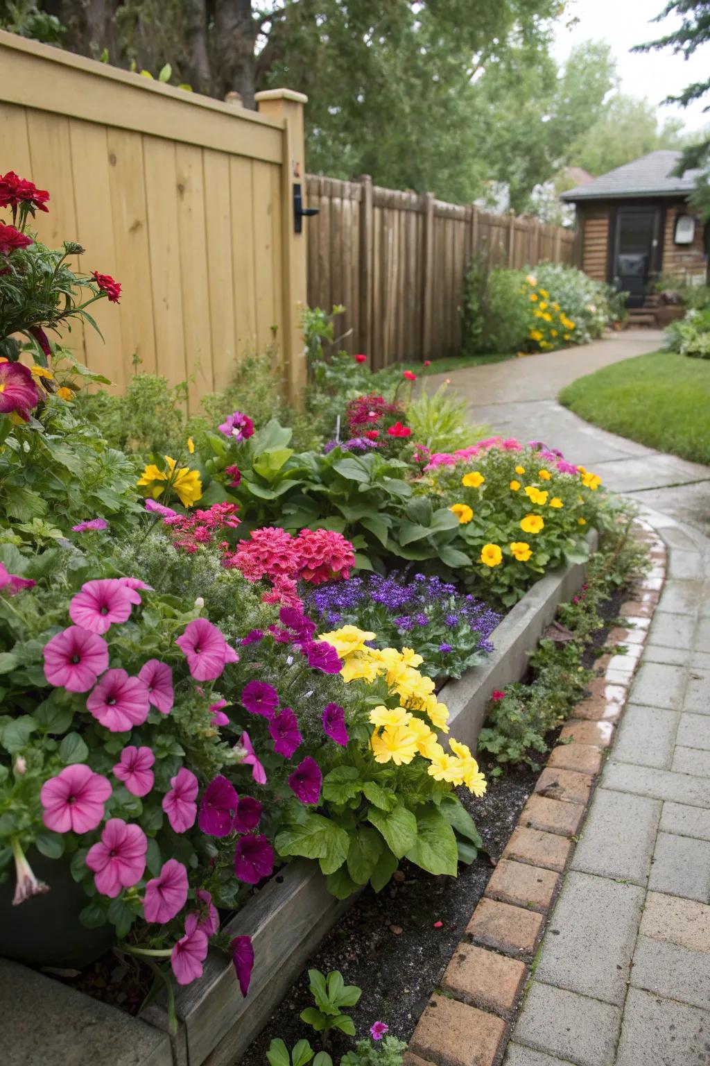 Flowering plants create a vibrant focal point.