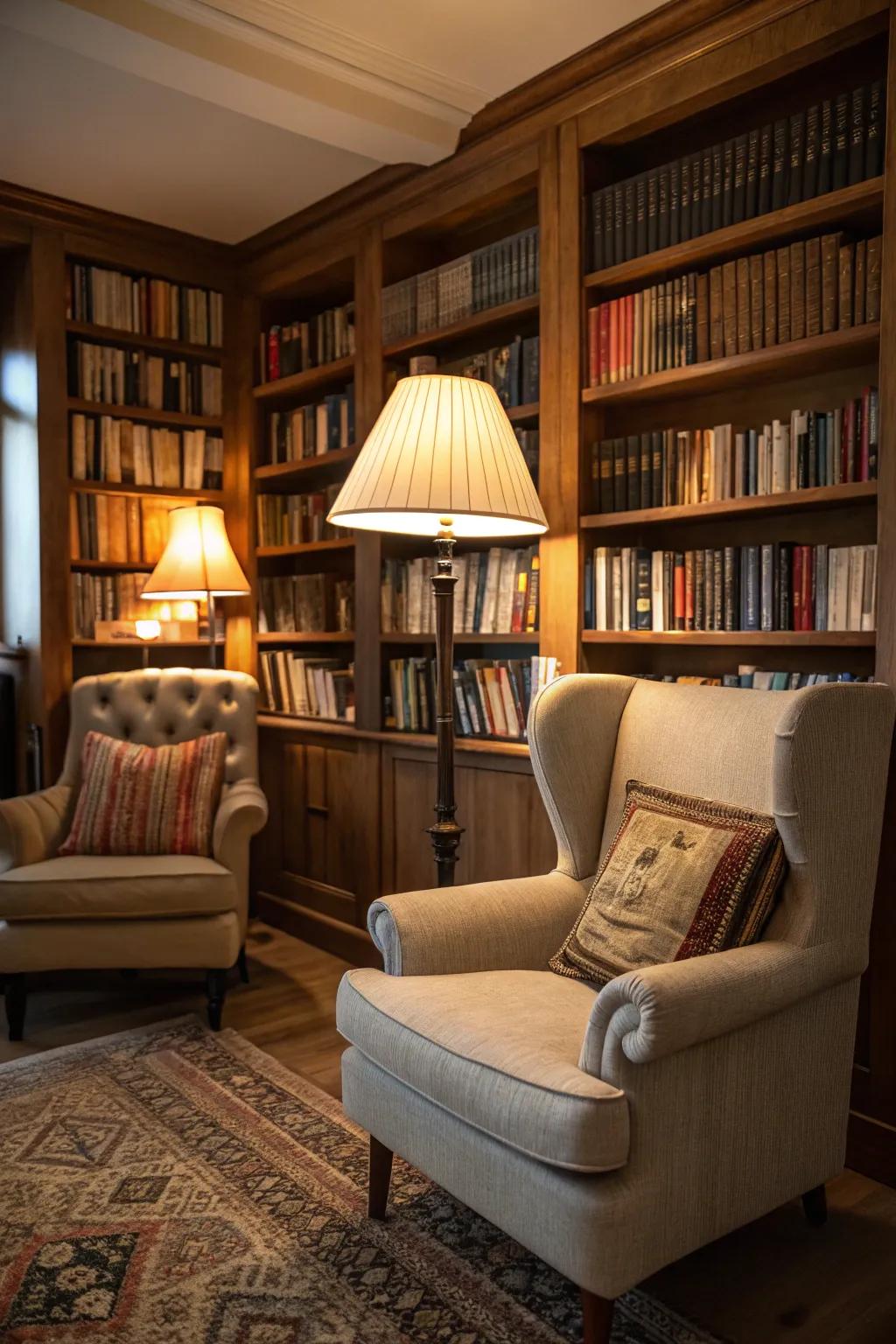 Warm lighting adds an inviting glow to your library.