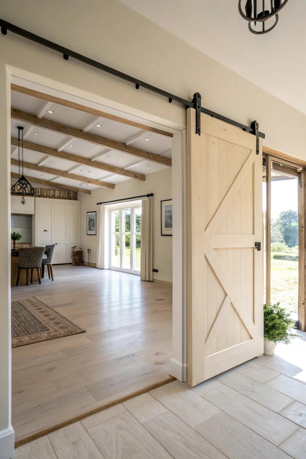 Ivory barn doors provide a soft, neutral base.