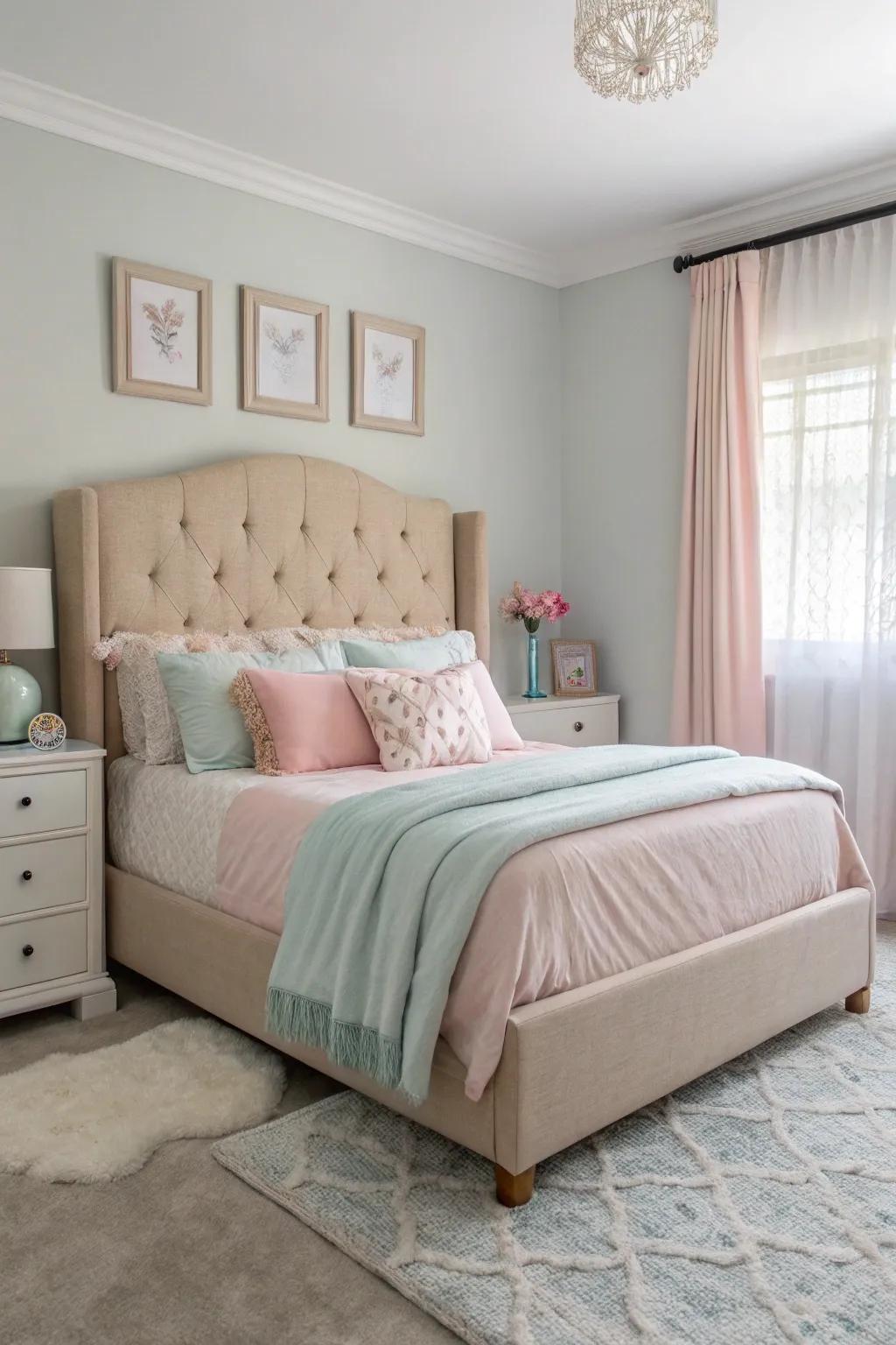 Pastel hues create a dreamy atmosphere in this beige headboard room.