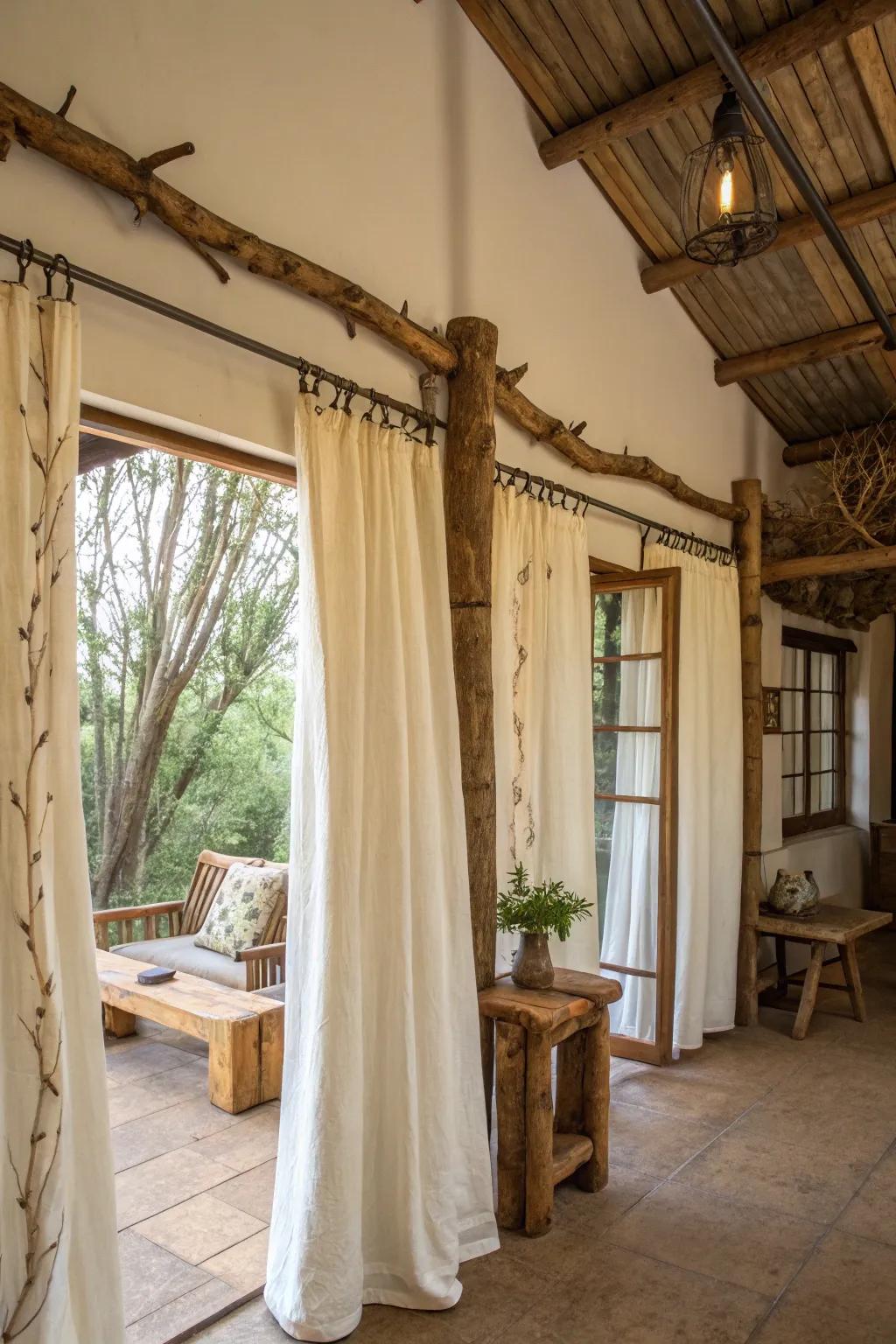 Tree branch rods provide a rustic and natural touch.