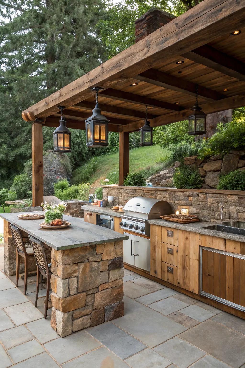 Reclaimed materials bring uniqueness and sustainability to outdoor kitchens.