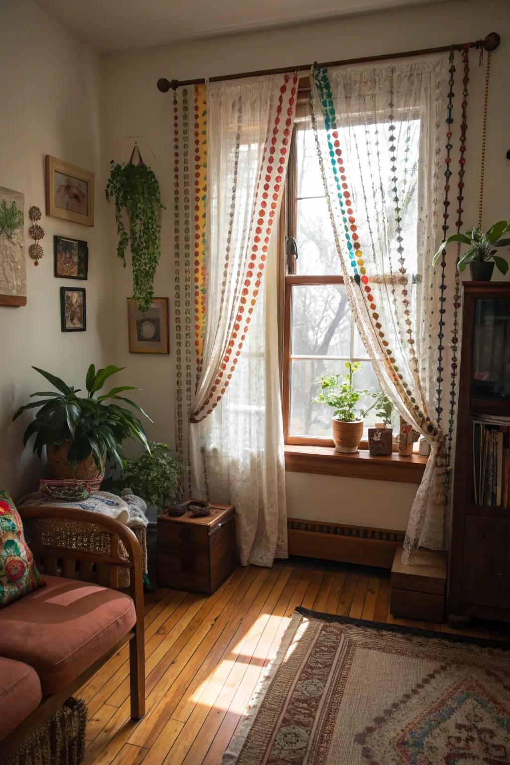 Beaded curtains adding a playful and bohemian touch.