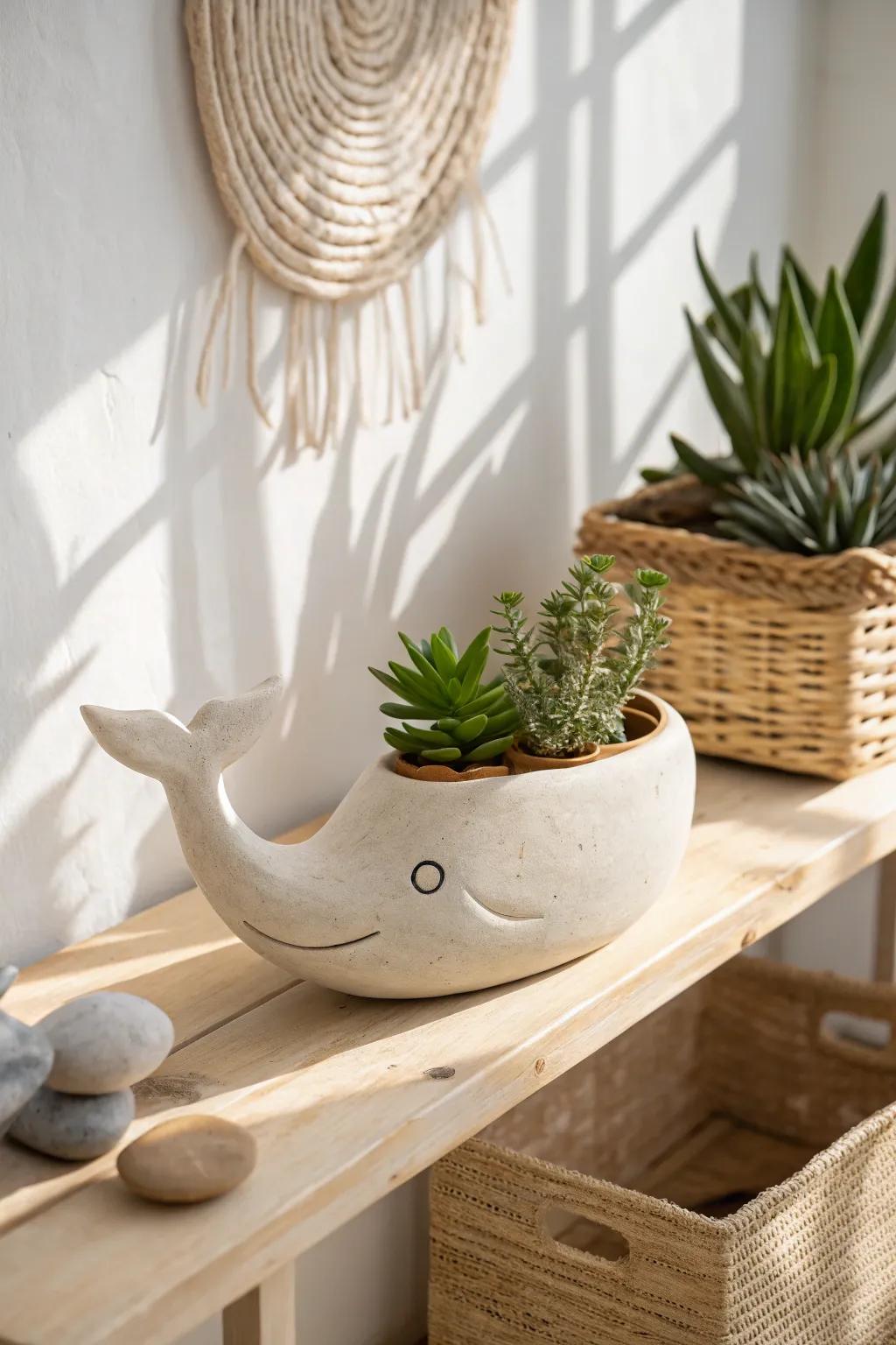 Dive into serenity with a whimsical whale planter, where minimalist design meets natural beauty.