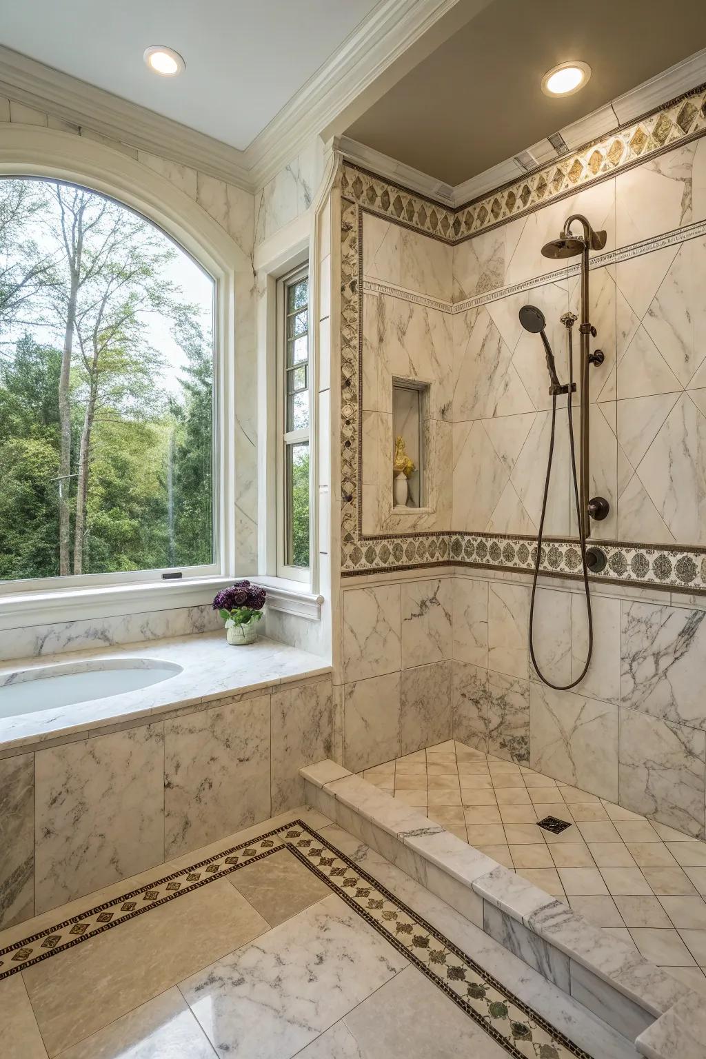 Elegant shower with marble tile edge trims