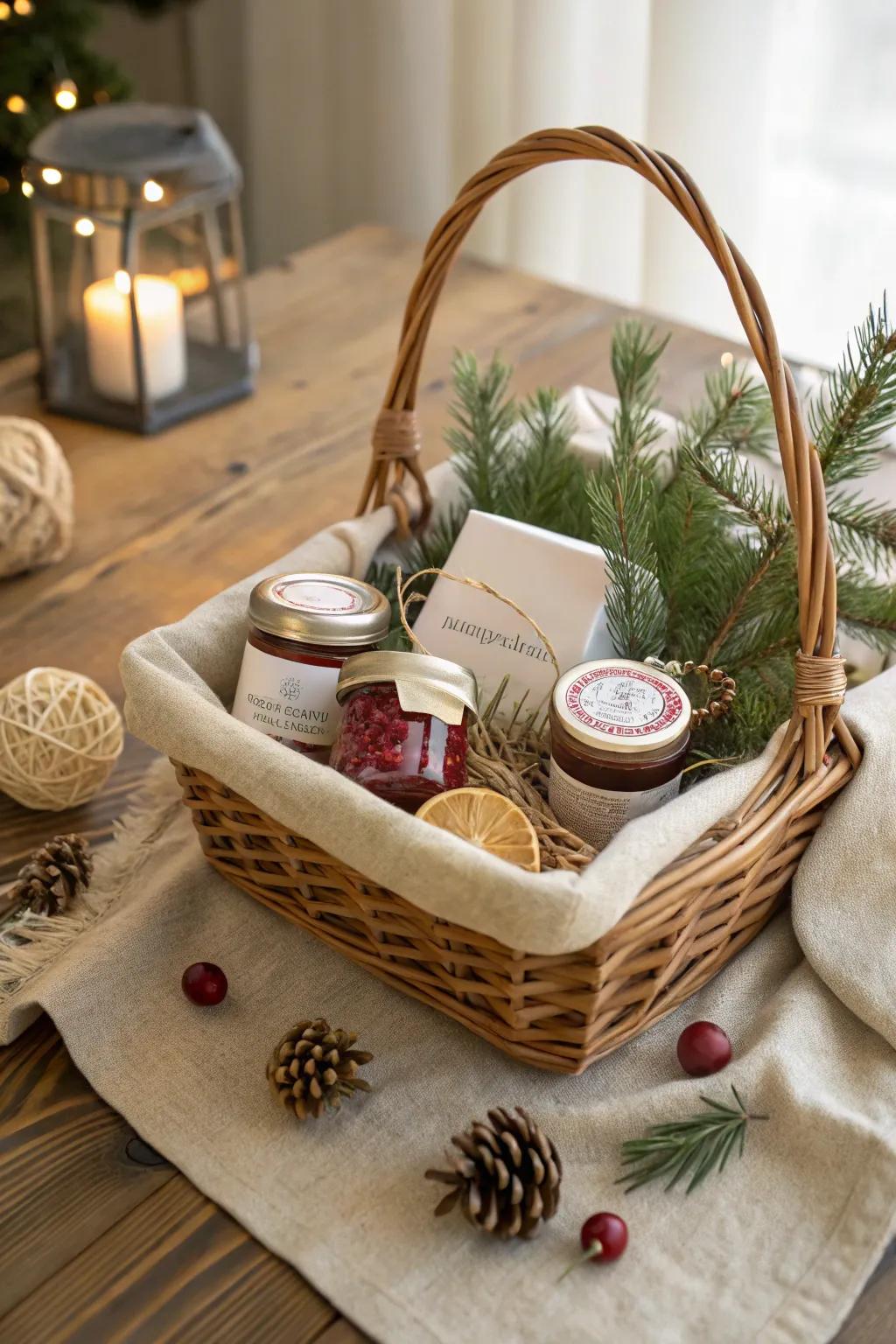 Capture the essence of the holidays with a charming, handcrafted jam gift basket.