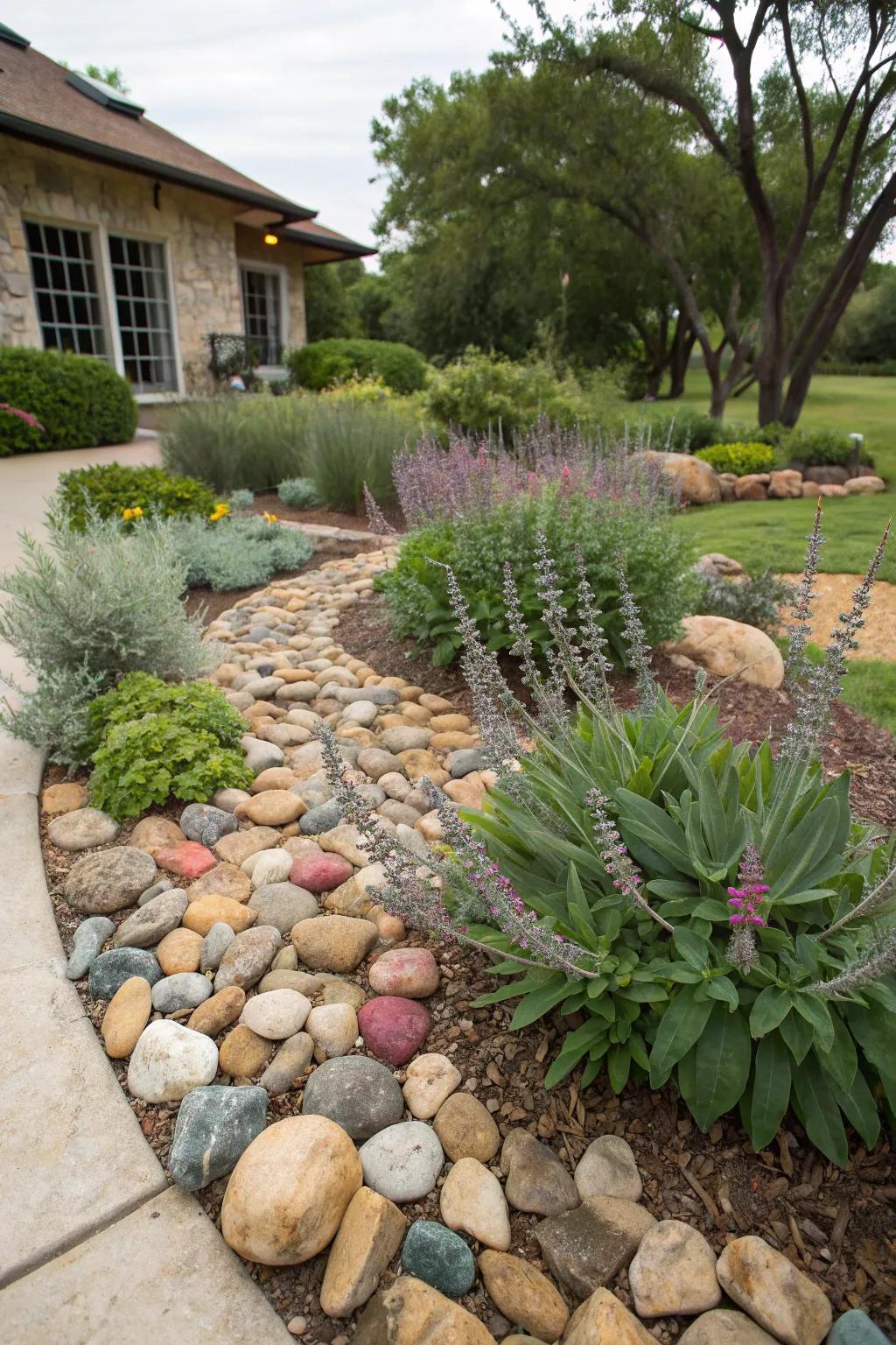 Texas sage beautifully complemented by decorative stones.